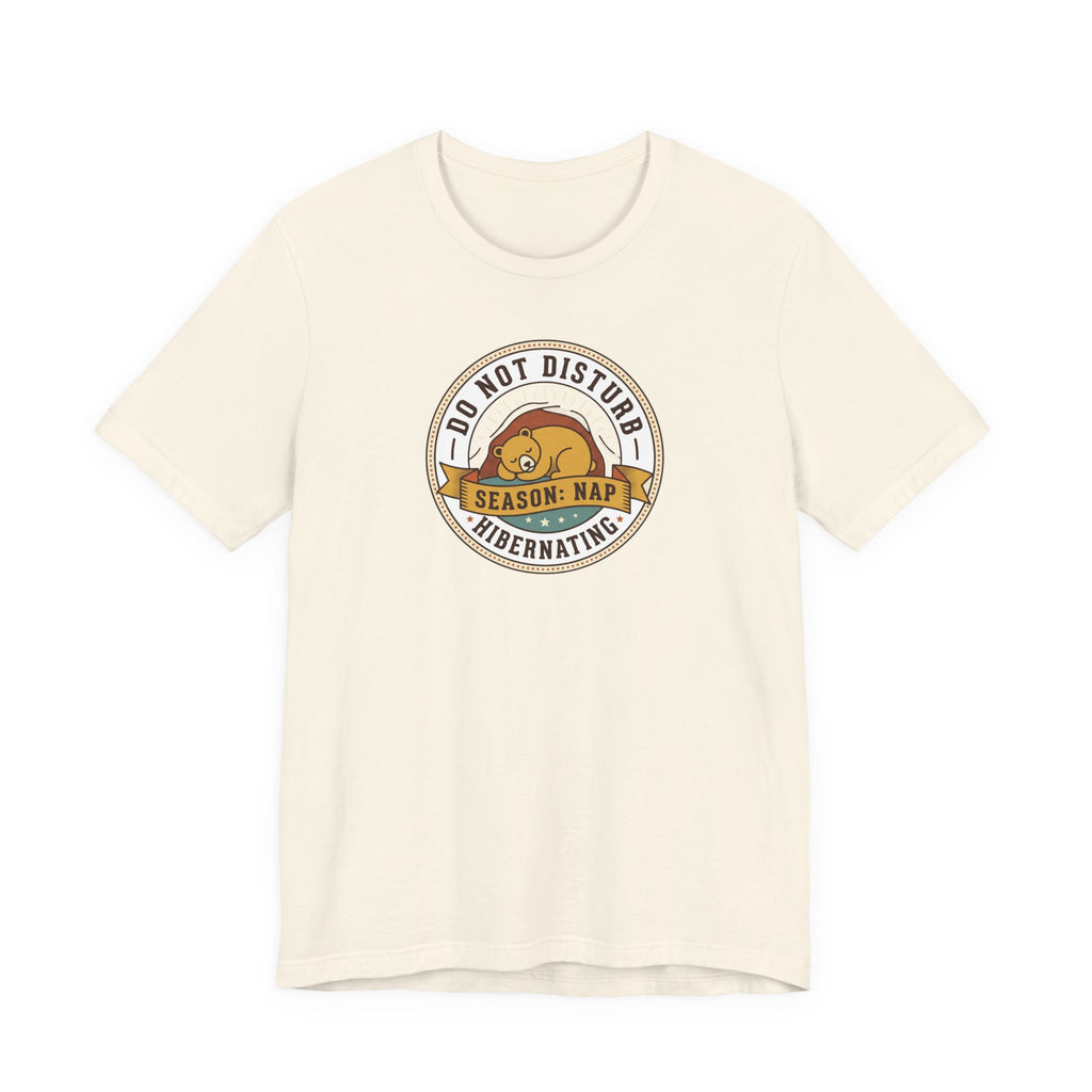 Cream T-shirt with hibernating bear "Do Not Disturb" circular graphic on chest