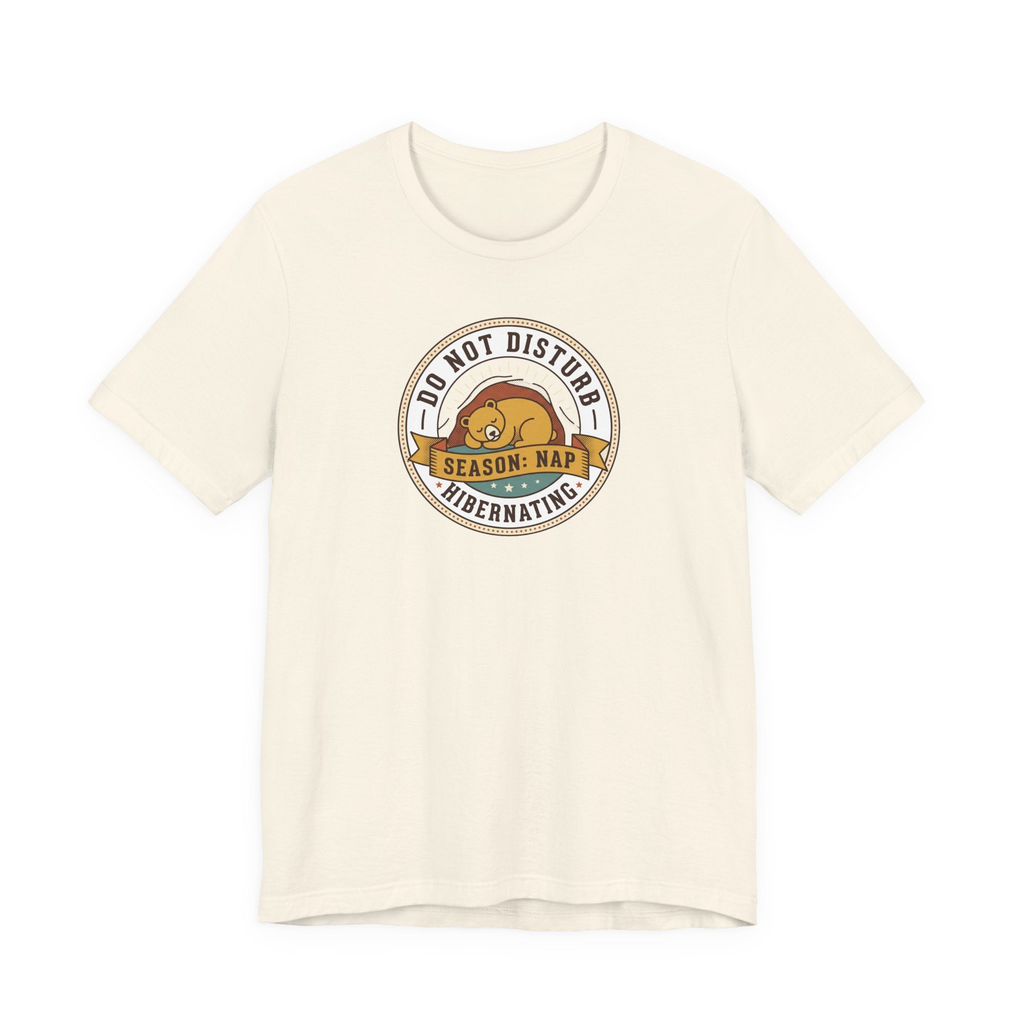 Cream T-shirt with hibernating bear "Do Not Disturb" circular graphic on chest