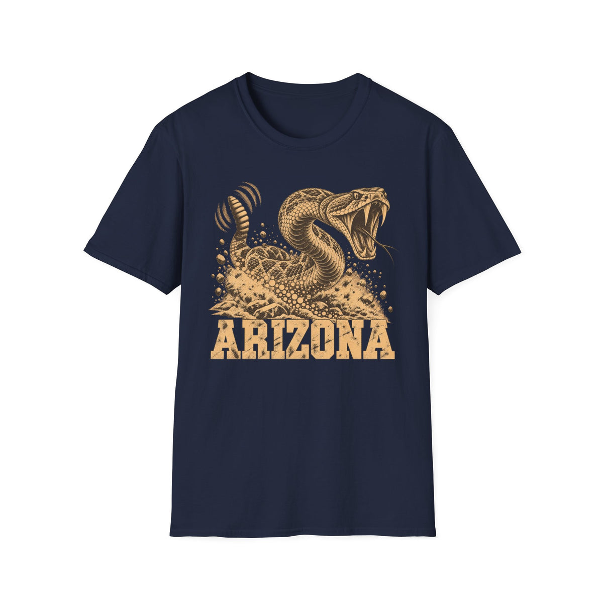 Men's navy graphic T-shirt with coiled rattlesnake and 'ARIZONA' front print