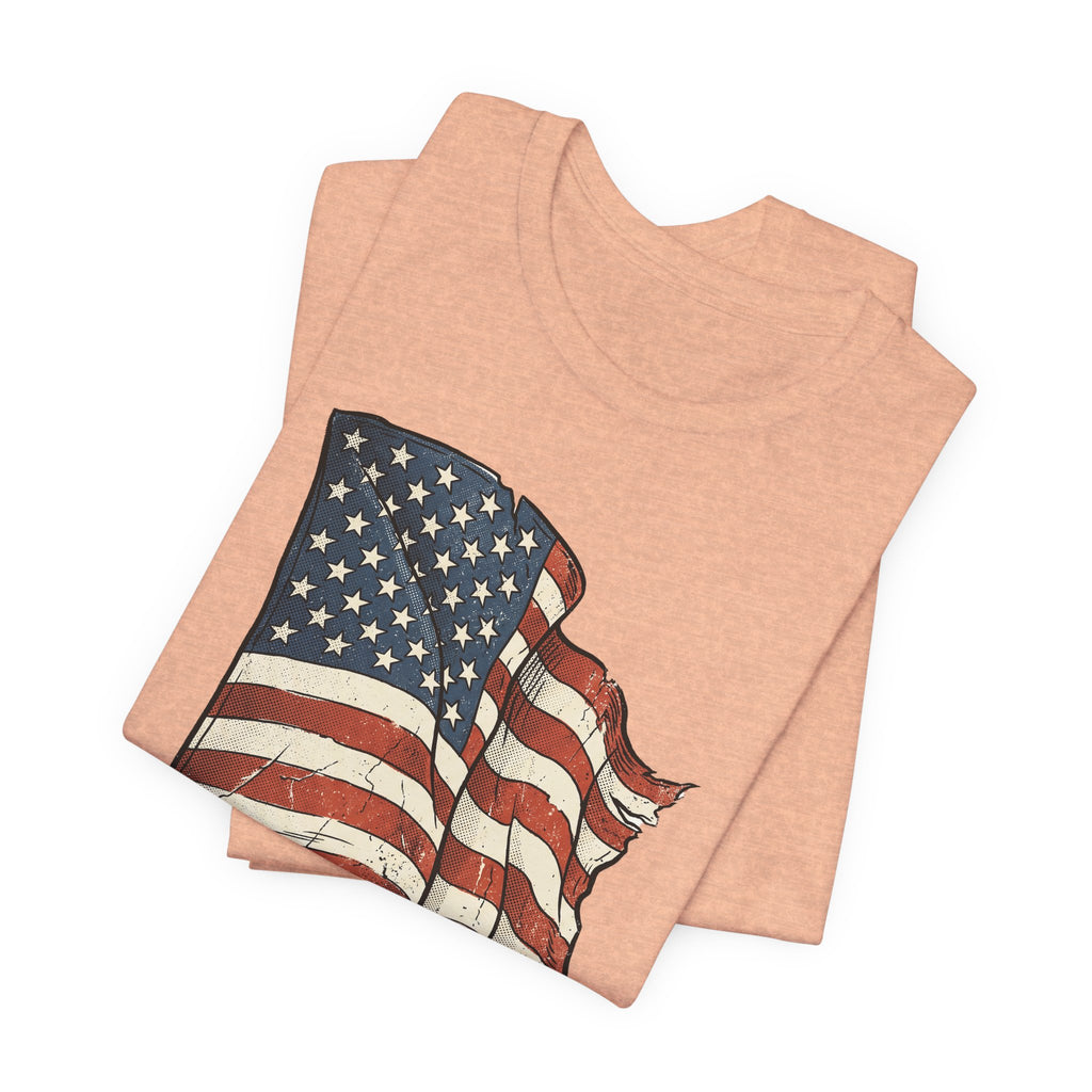 Peach crew-neck T-shirt with waving American flag graphic