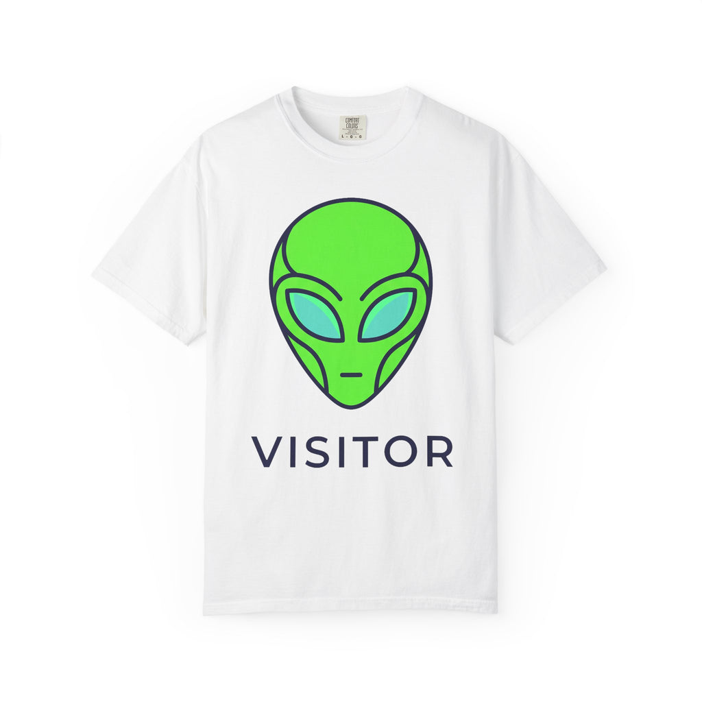 White T-shirt with neon green alien head graphic and word VISITOR