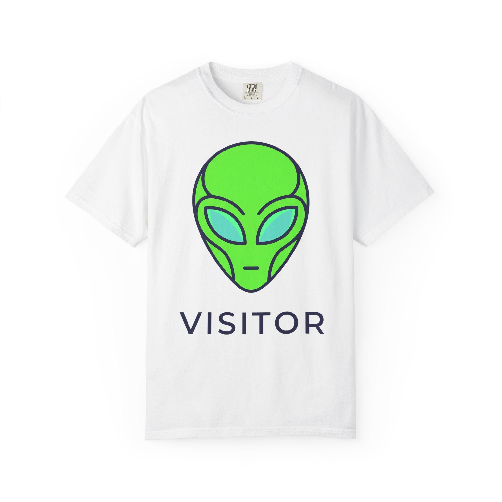 White T-shirt with neon green alien head graphic and word VISITOR