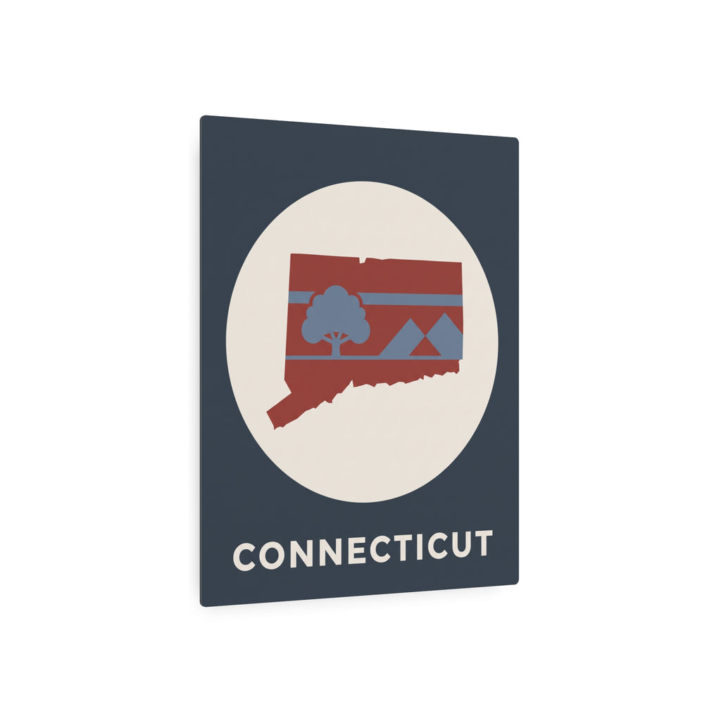 Connecticut metal wall sign, circular retro state graphic and 'CONNECTICUT' text, dark blue
