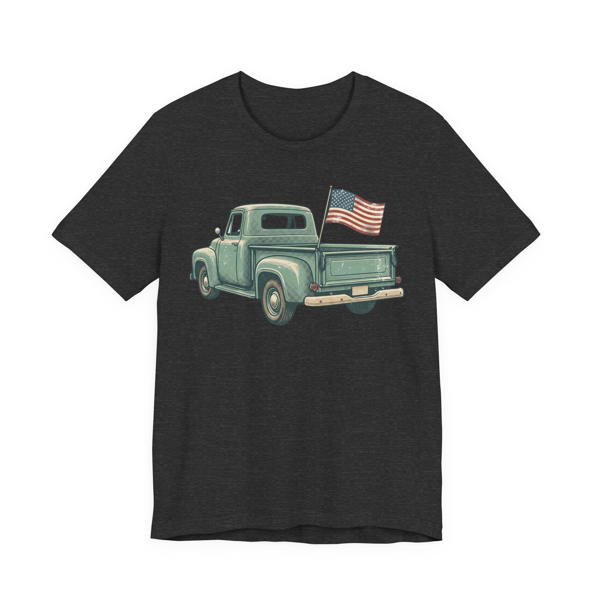Dark charcoal T-shirt with green pickup truck and American flag graphic
