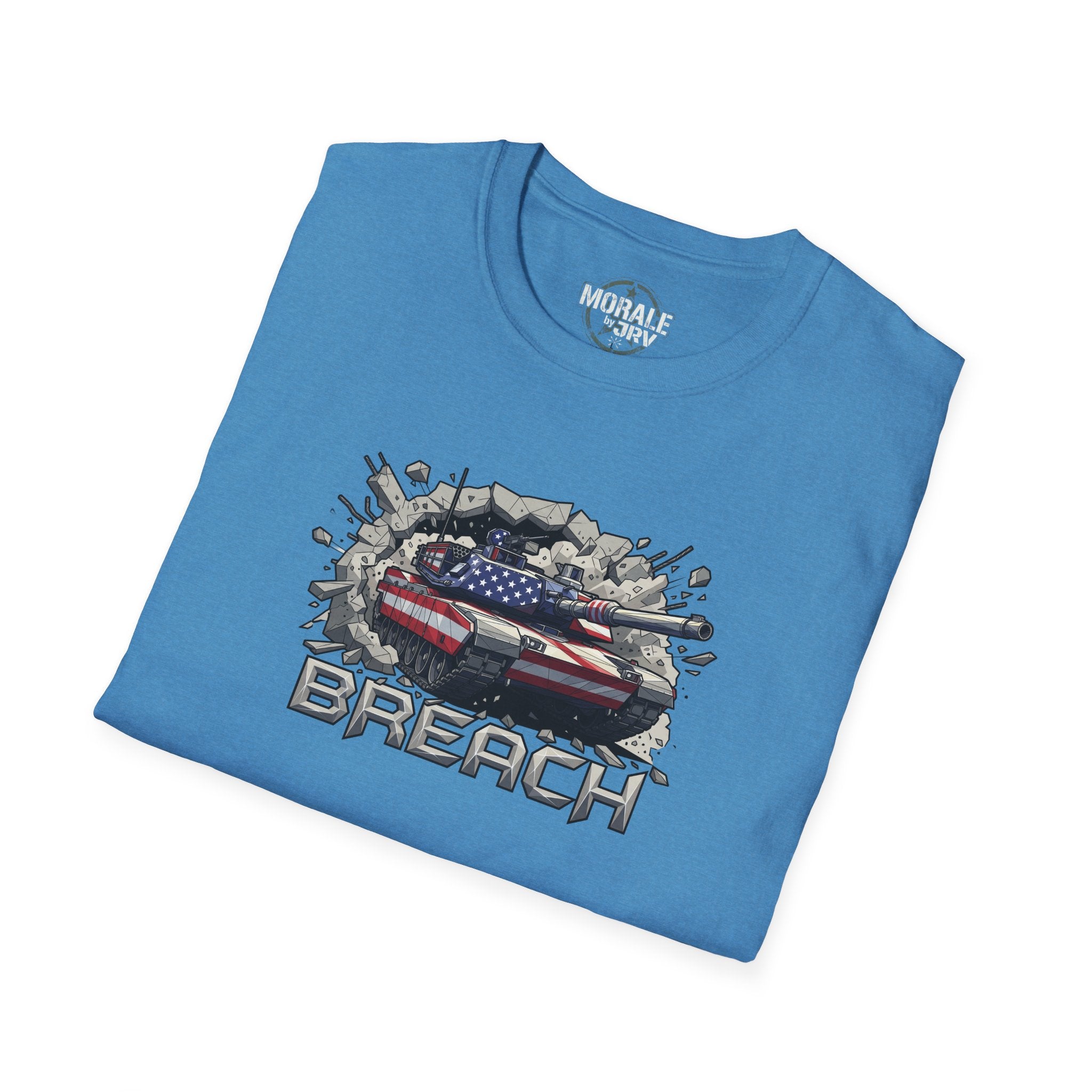 Light blue tank breach T-shirt with American flag graphic and “BREACH” text