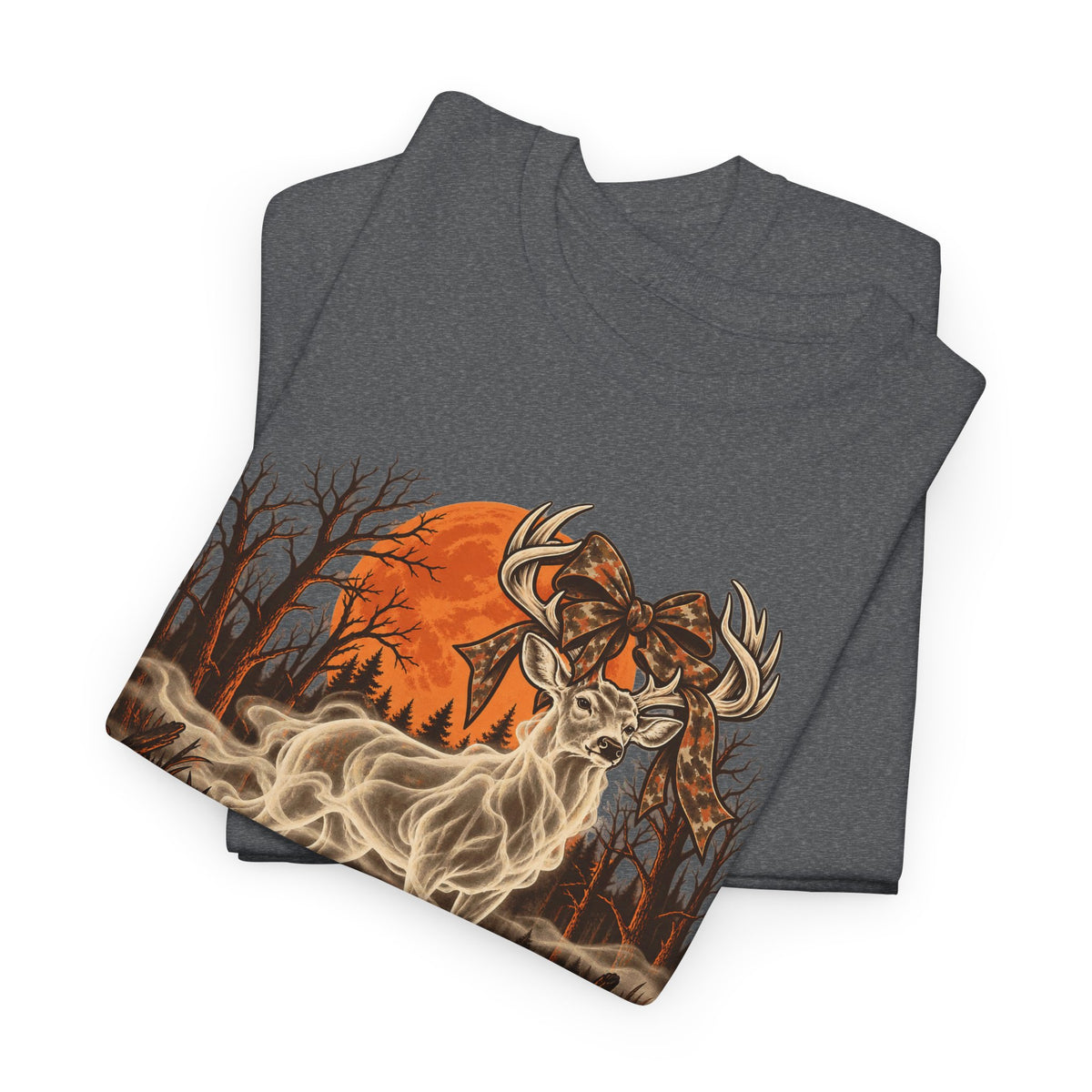 Halloween graphic t-shirt in heather gray with ghost buck hunting graphic and smoke