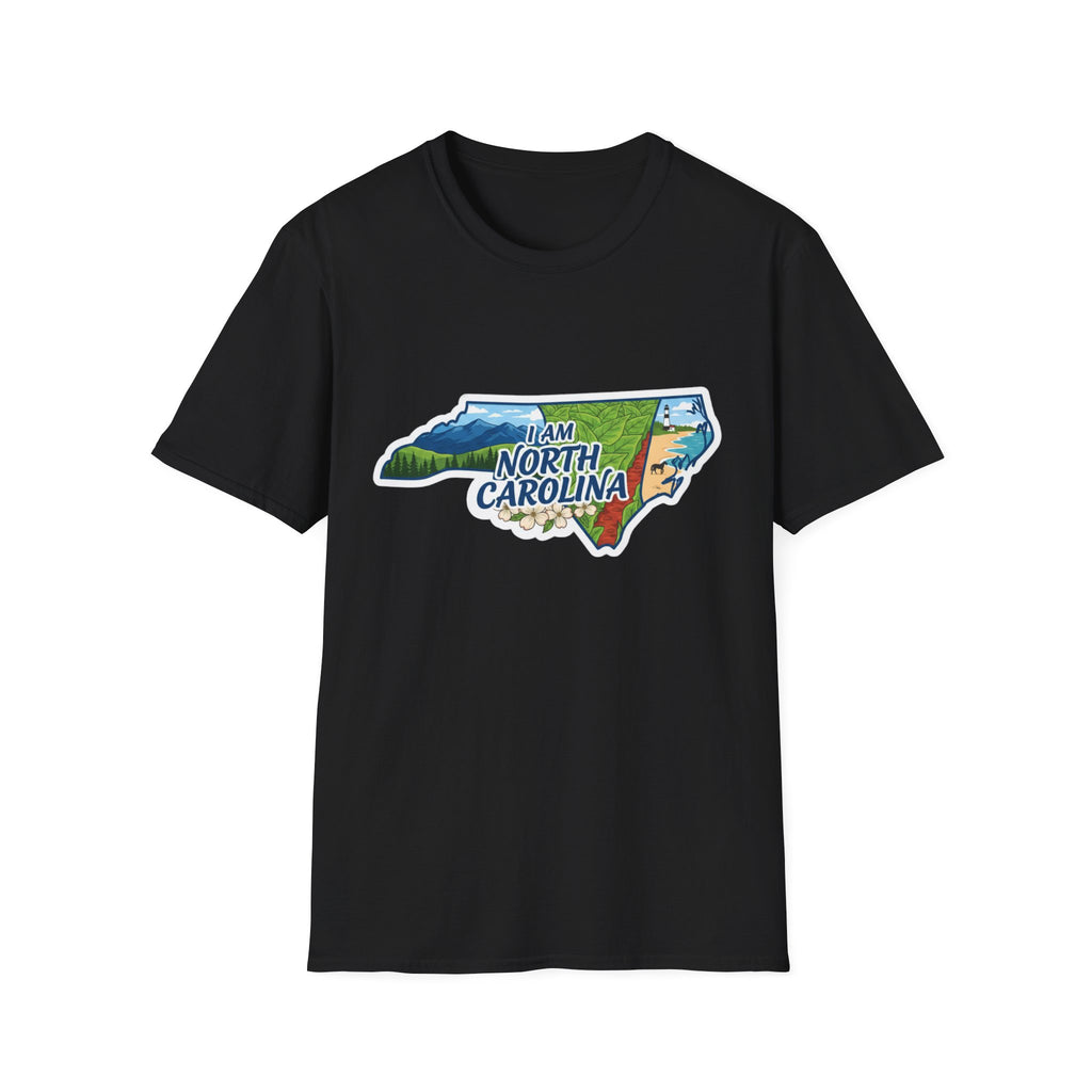 North Carolina graphic T-shirt (black) with map and nature elements