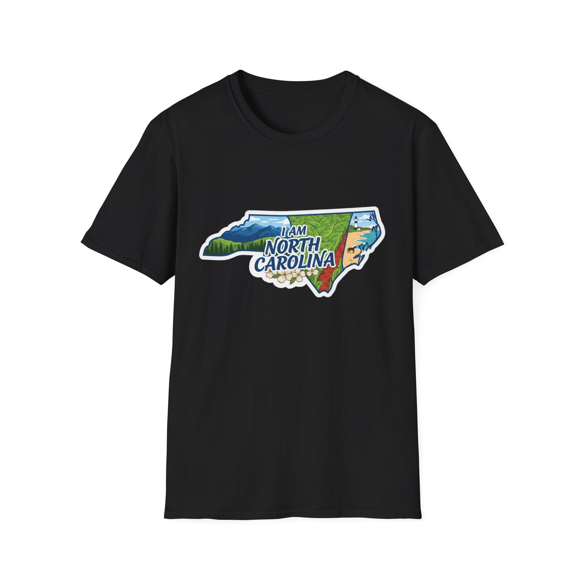 North Carolina graphic T-shirt (black) with map and nature elements