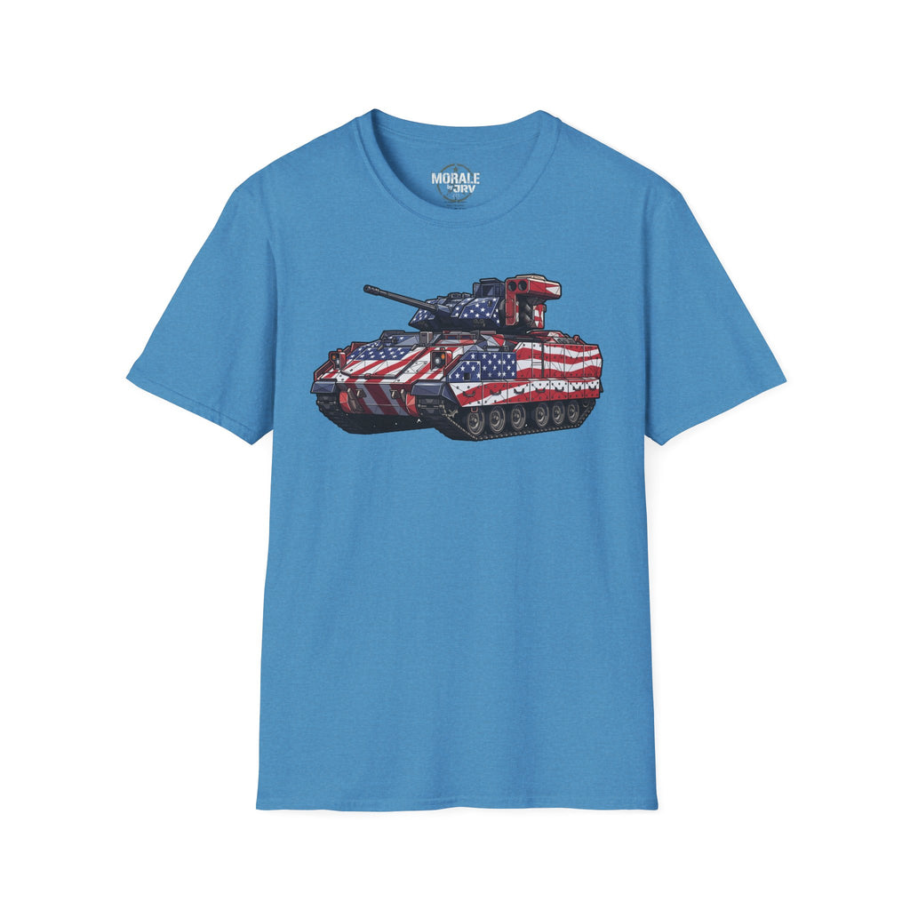 Heather Sapphire T-shirt with American-flag military tank graphic on the chest
