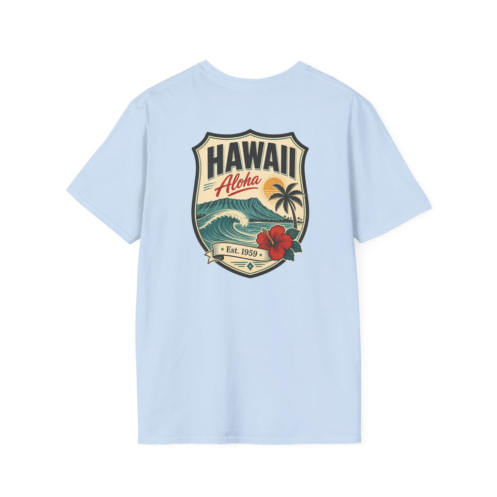 Hawaii badge graphic T-shirt, light blue, short-sleeve crew neck