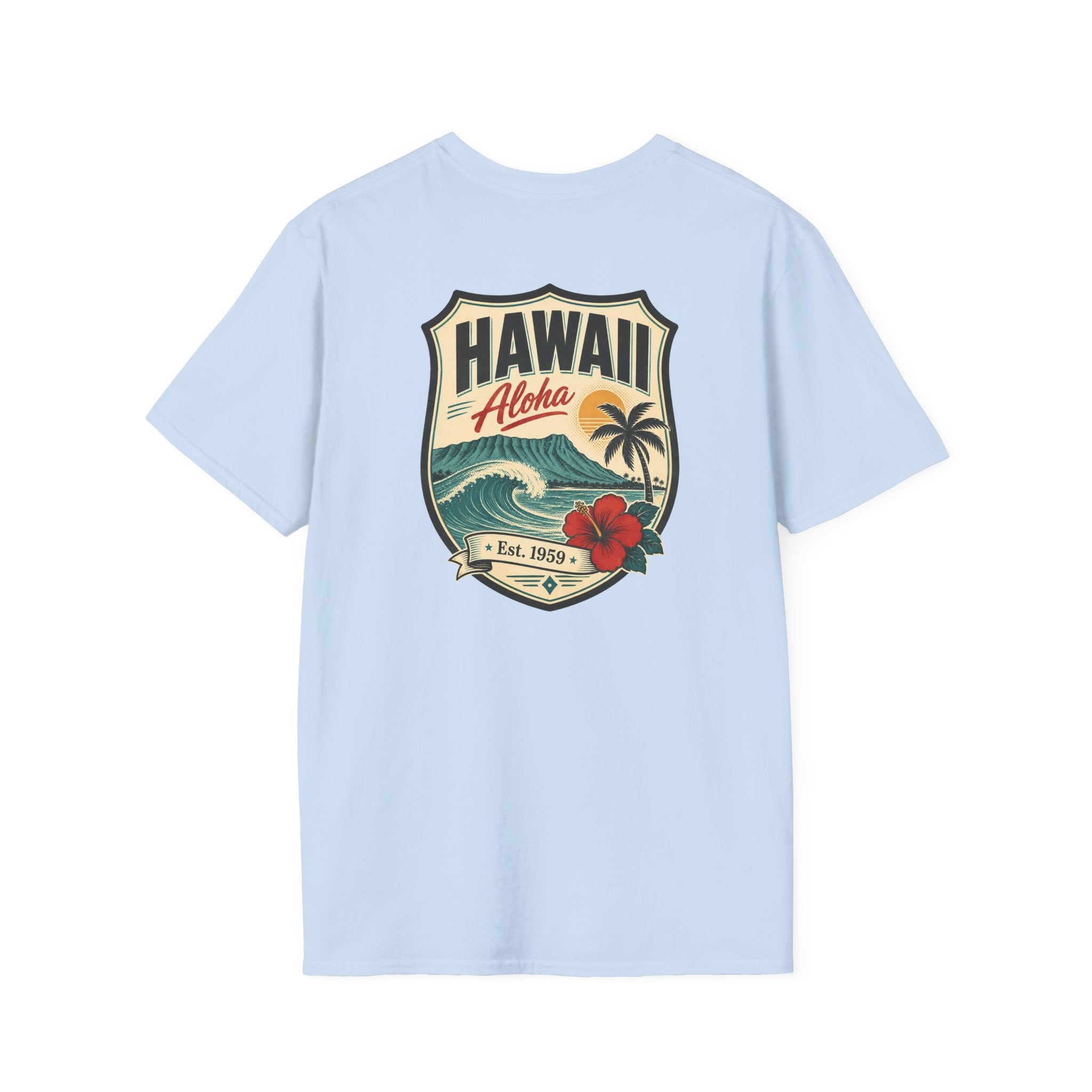 Hawaii badge graphic T-shirt, light blue, short-sleeve crew neck