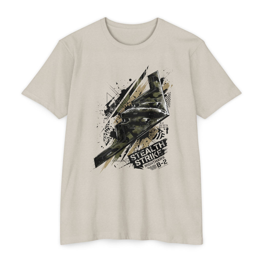 Light tan bomber T-shirt with short sleeves and crew neck; B-2 style graphic front