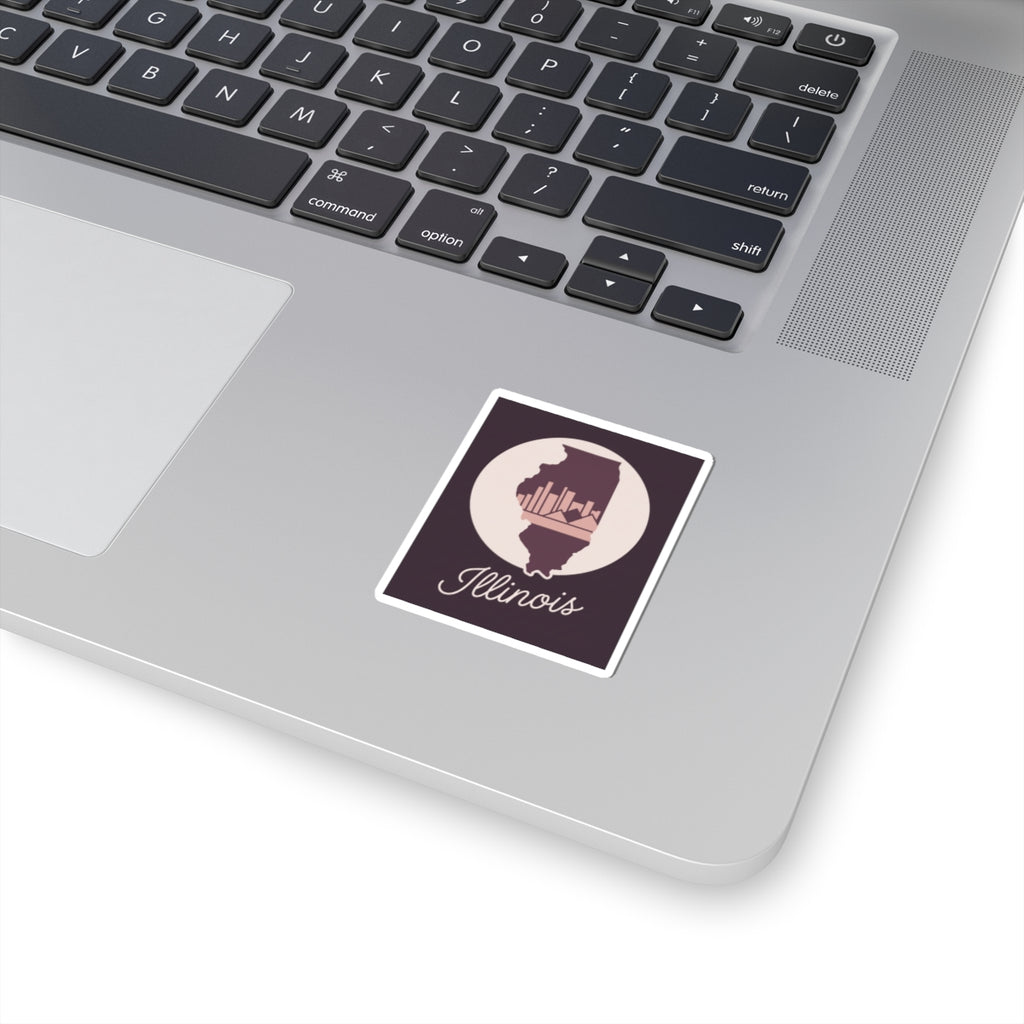 Mauve square Illinois state silhouette sticker with white border and cursive 'Illinois' text