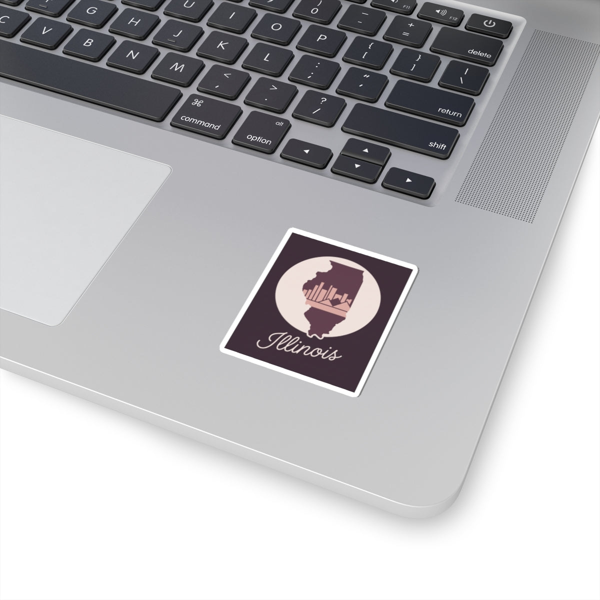 Mauve square Illinois state silhouette sticker with white border and cursive 'Illinois' text