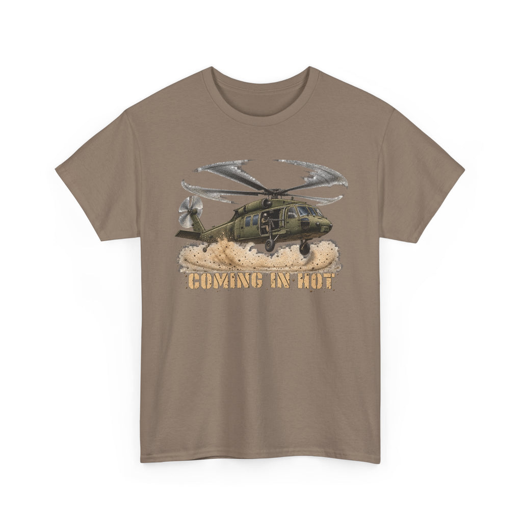 Brown crewneck T-shirt with helicopter graphic print