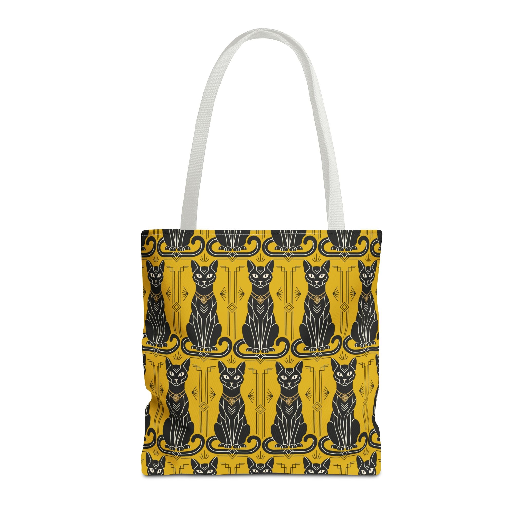 Tote bag with repeating cat silhouettes in blue and black on yellow, light gray handles.