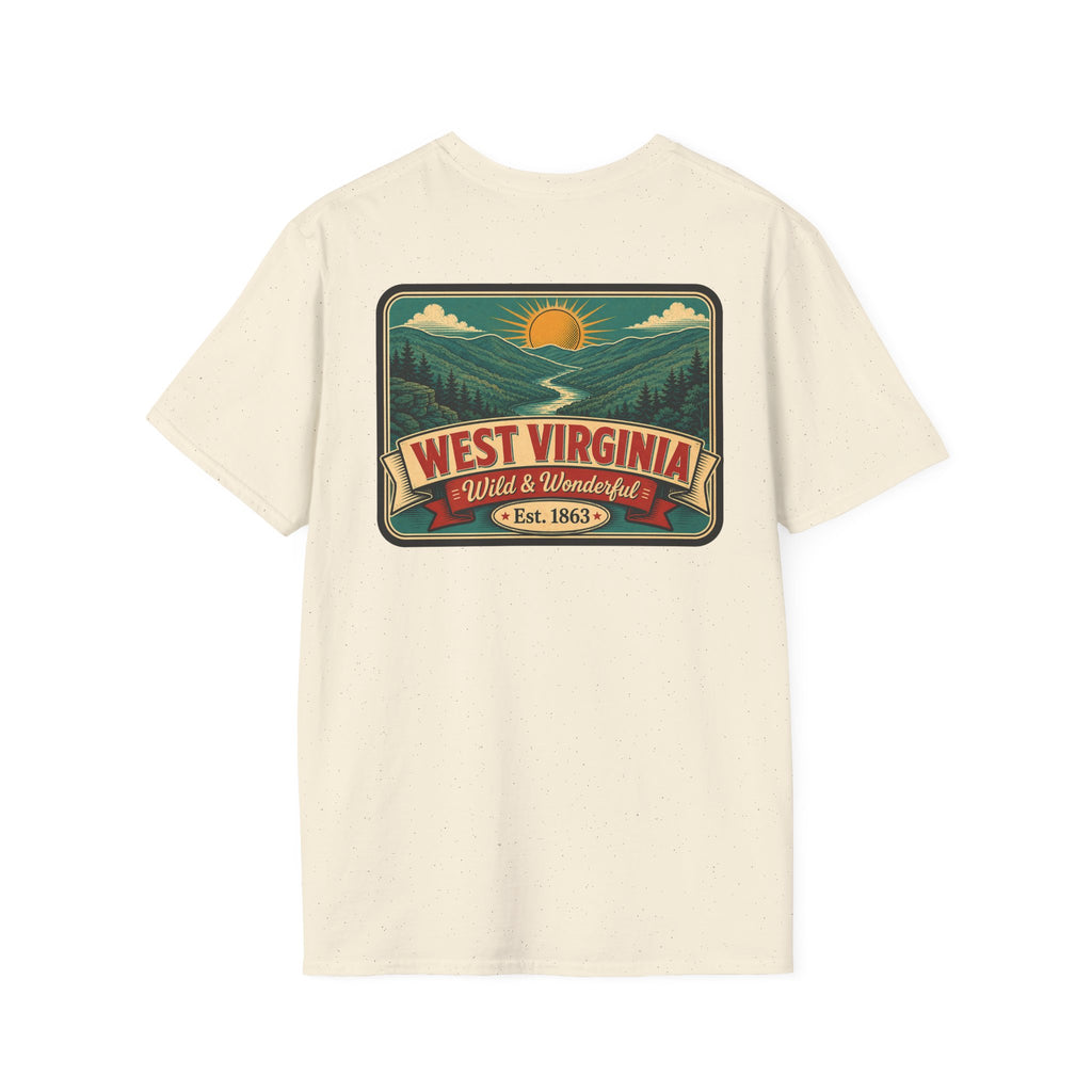 Natural West Virginia “Wild & Wonderful” graphic t-shirt, Est. 1863 badge.