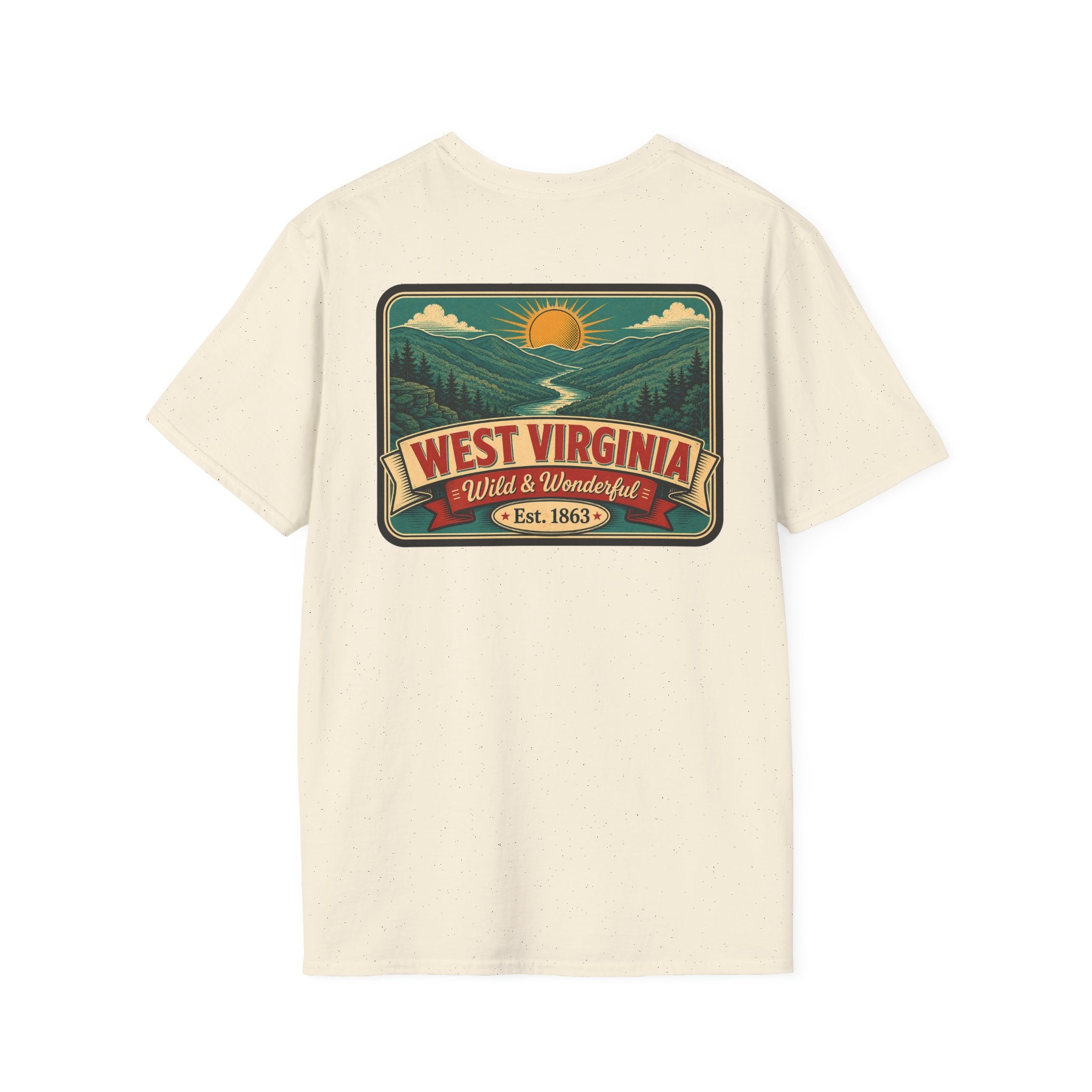 Natural West Virginia “Wild & Wonderful” graphic t-shirt, Est. 1863 badge.