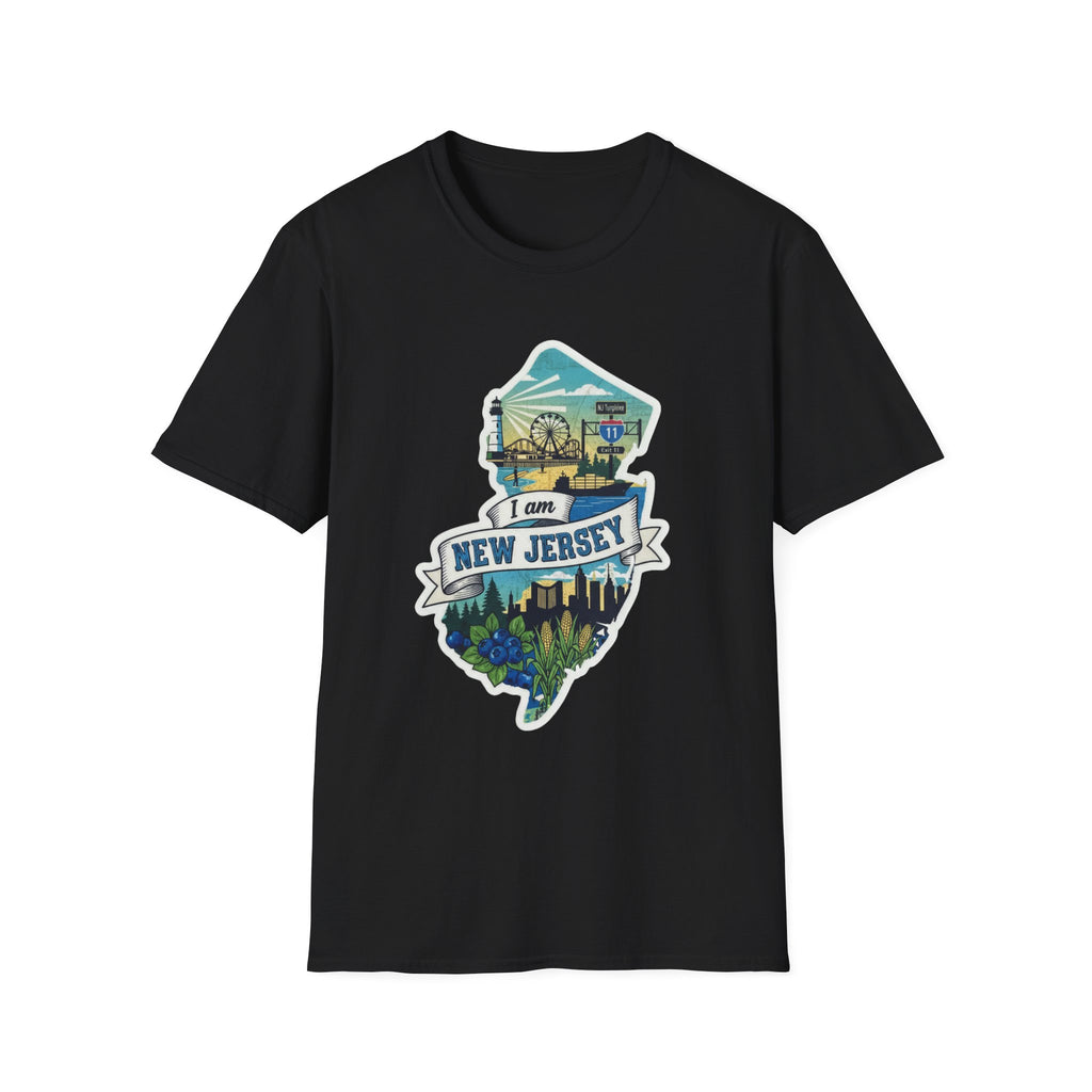 Crew-neck T-shirt, black, with New Jersey map skyline graphic on front.