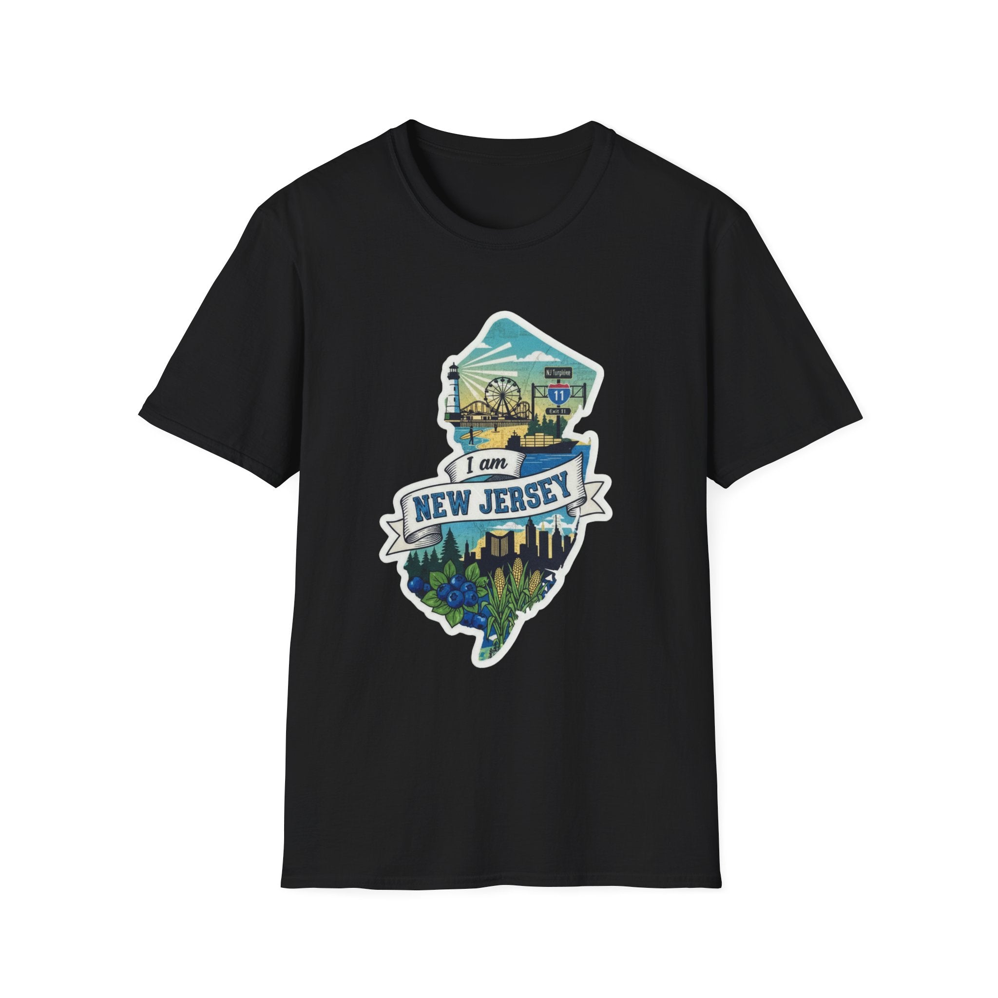 Crew-neck T-shirt, black, with New Jersey map skyline graphic on front.