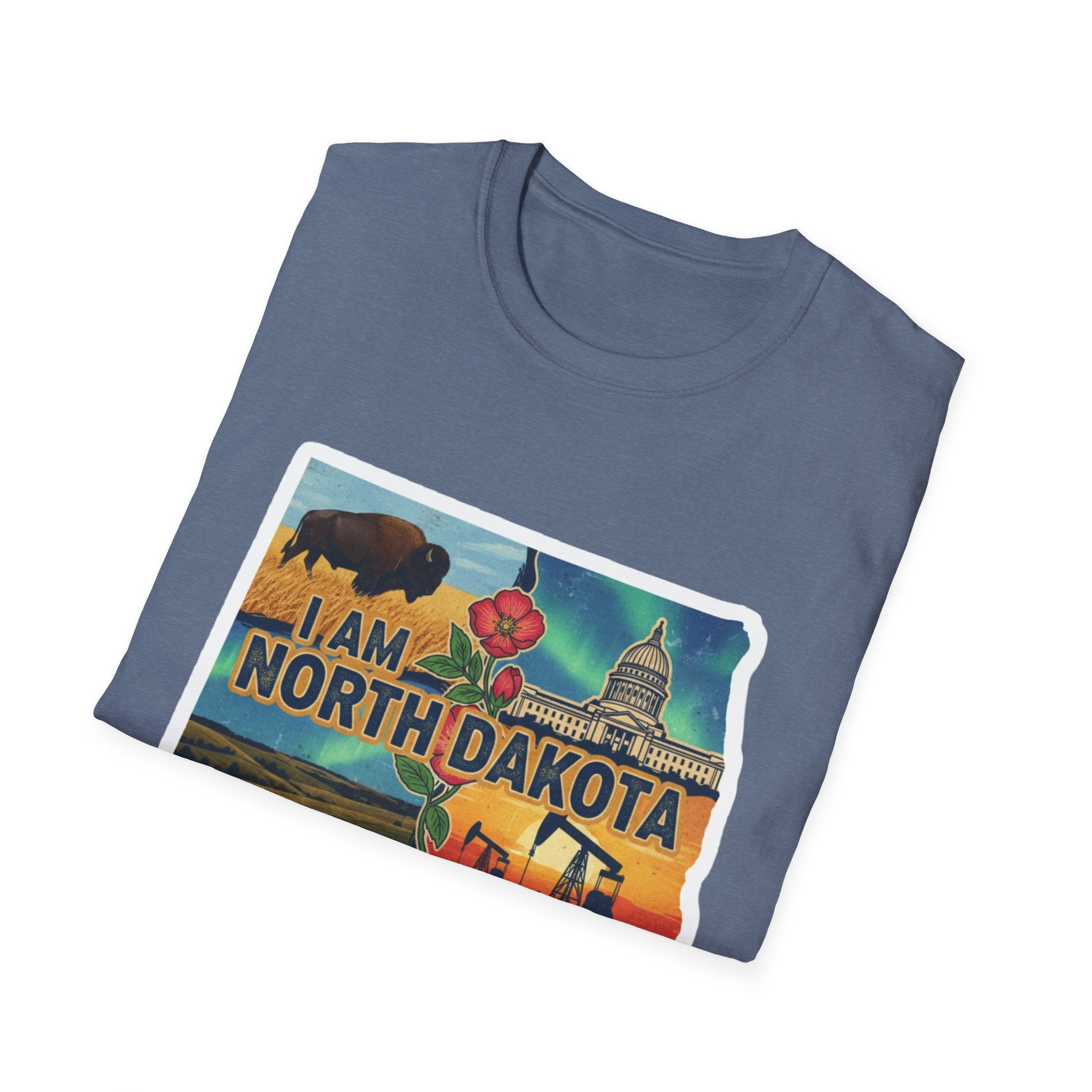 I Am North Dakota T-Shirt, hellblau meliert, Frontprint mit „I AM NORTH DAKOTA“