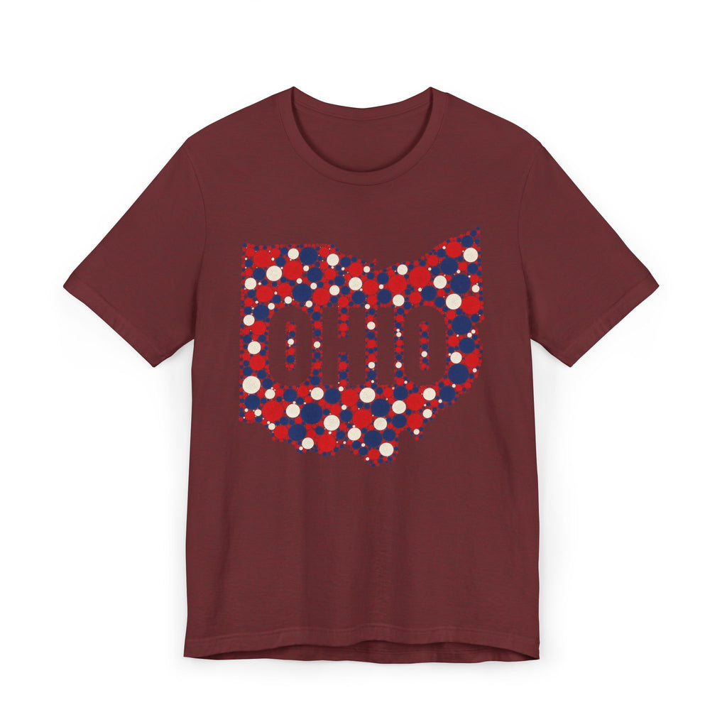 Maroon crew-neck t-shirt with red white blue Ohio polka-dot graphic.