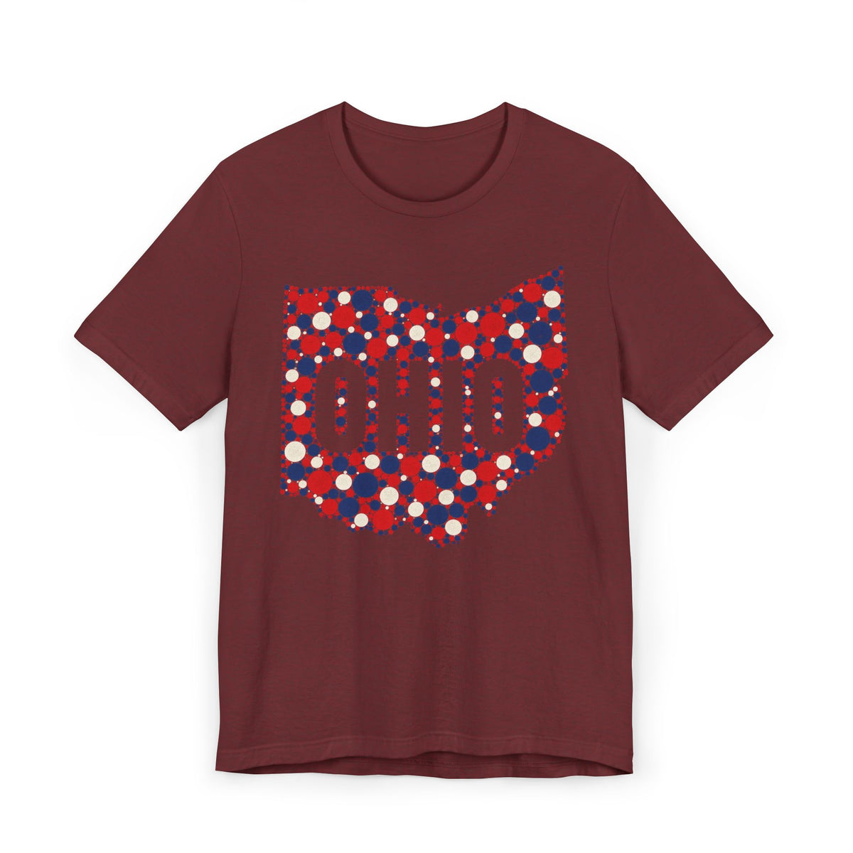 Maroon crew-neck t-shirt with red white blue Ohio polka-dot graphic.