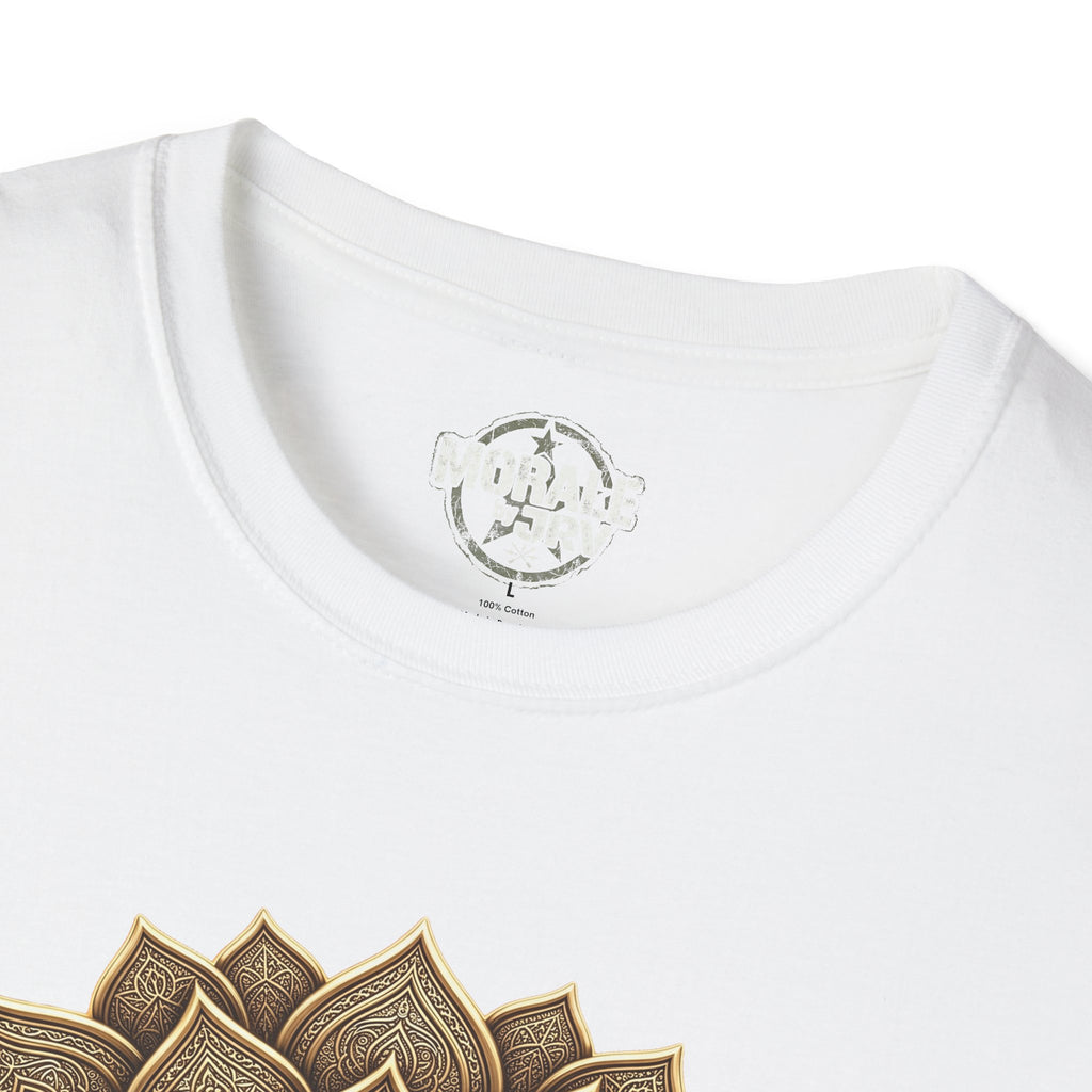 White T-shirt neckline close-up with logo patch and bronze mandala print edge