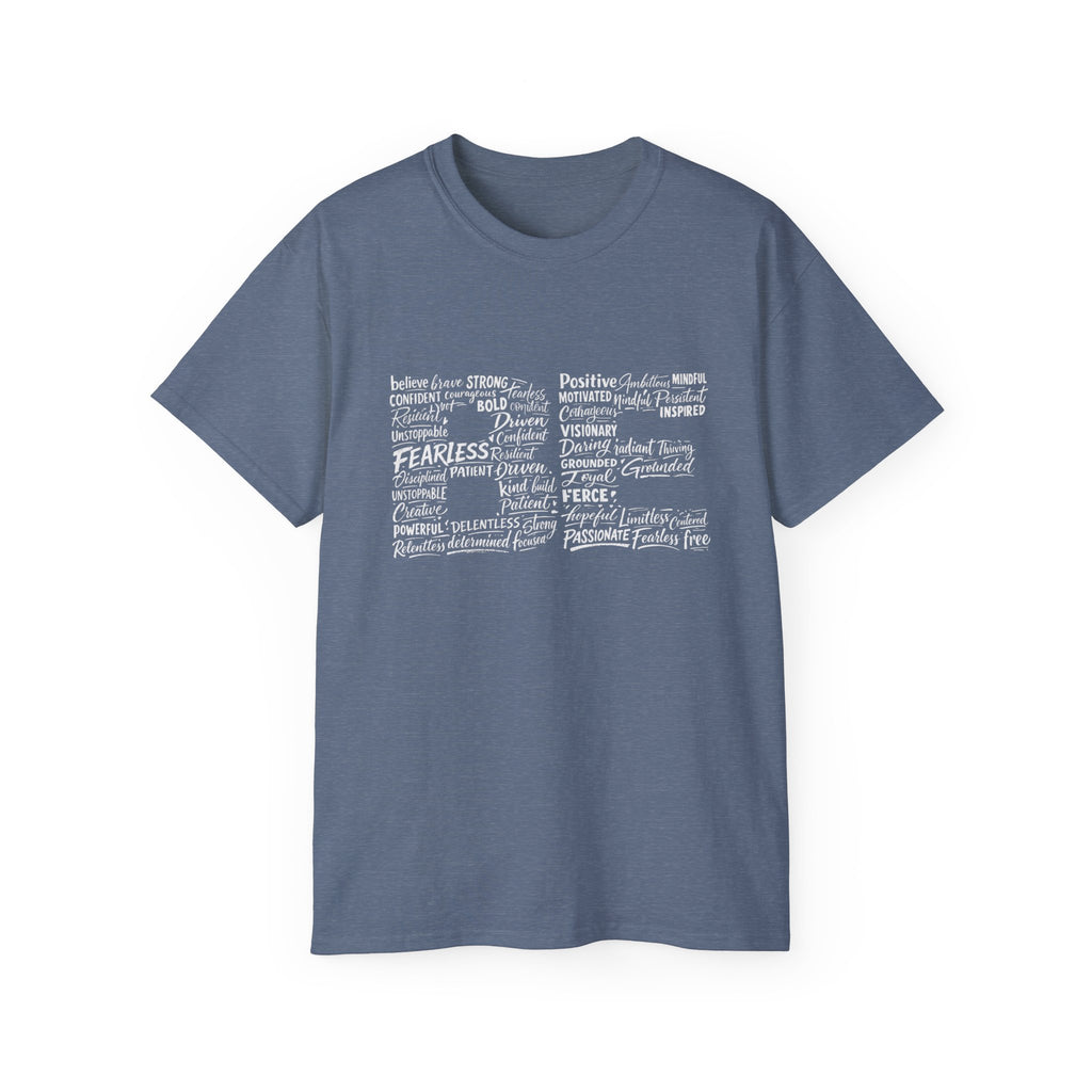 Life word cloud T-shirt in Heather Indigo with motivational typography print