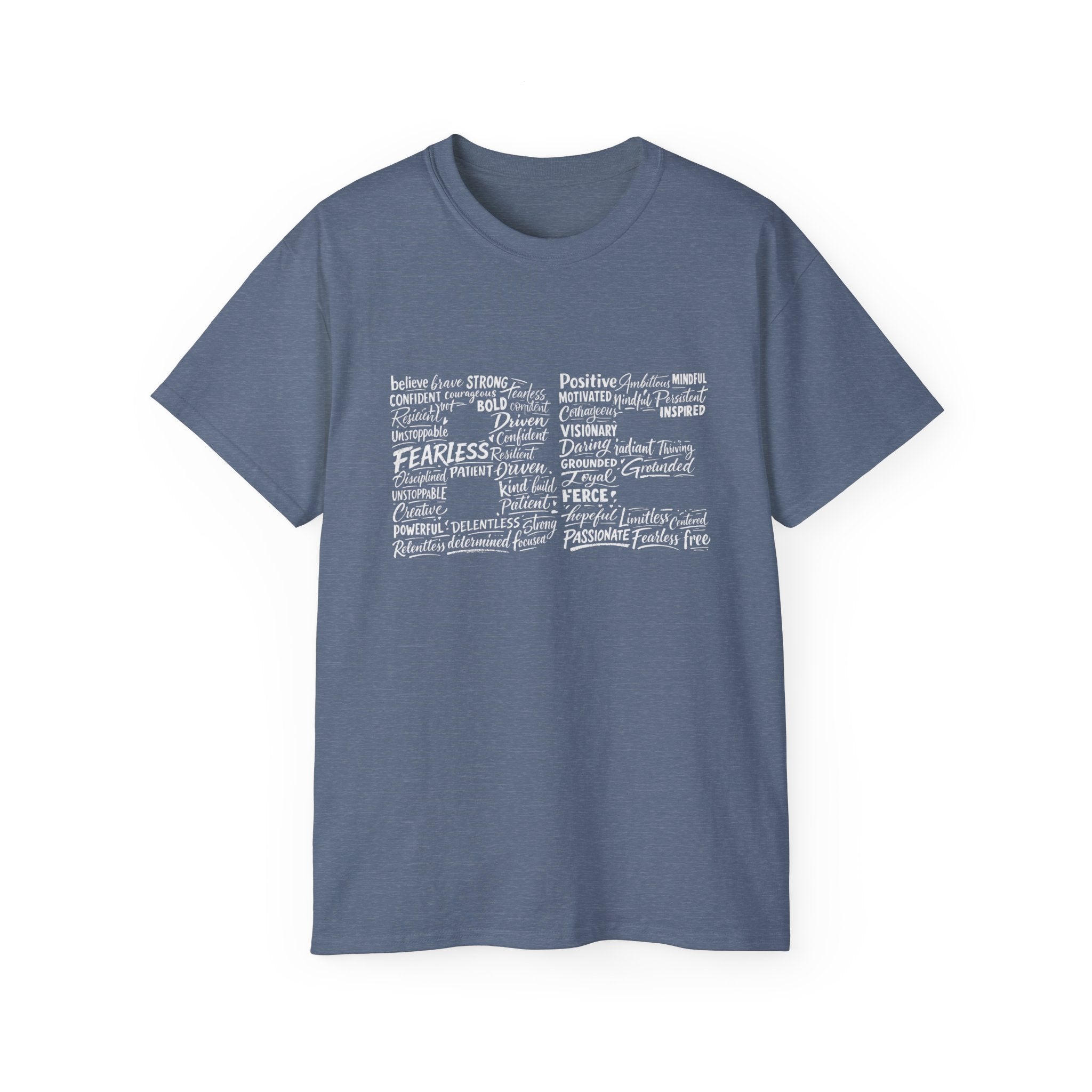 Life word cloud T-shirt in Heather Indigo with motivational typography print