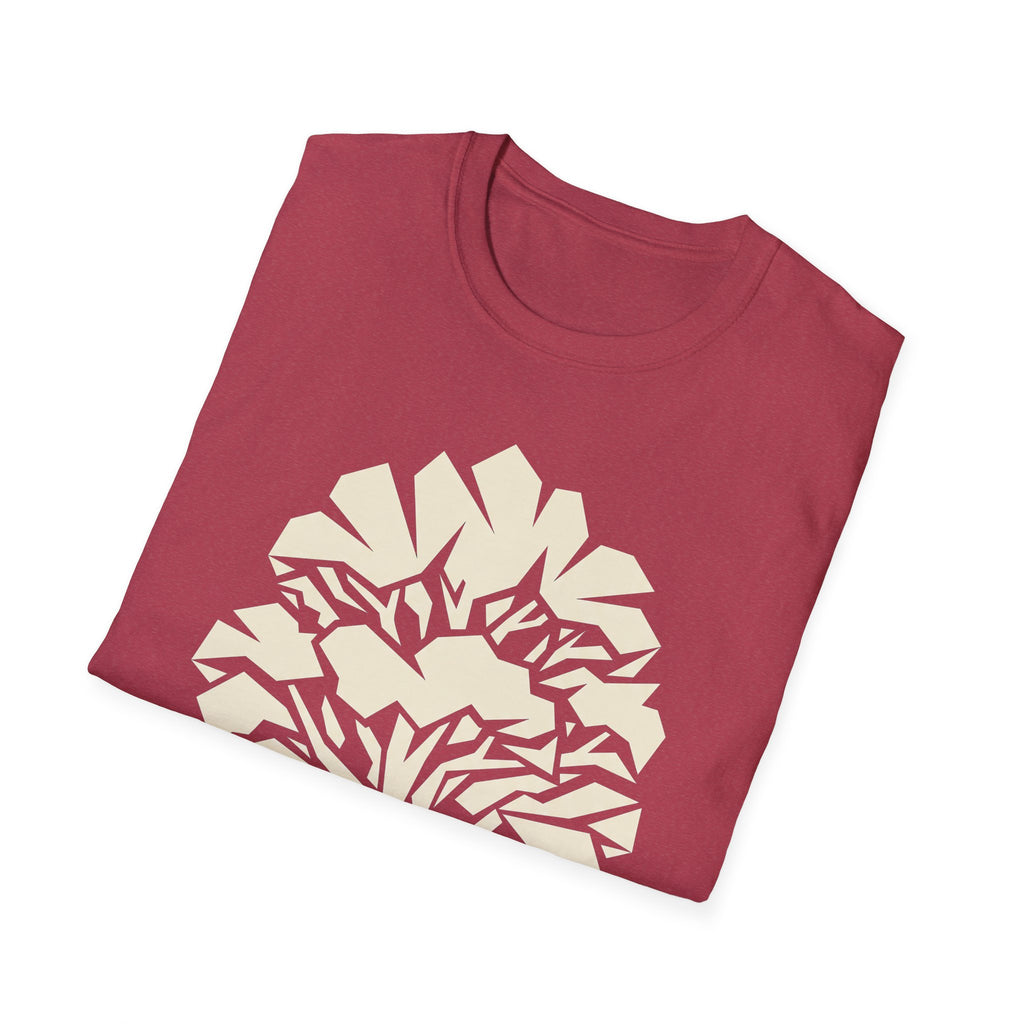 Heather red graphic tee with cream geometric tree silhouette and jagged foliage