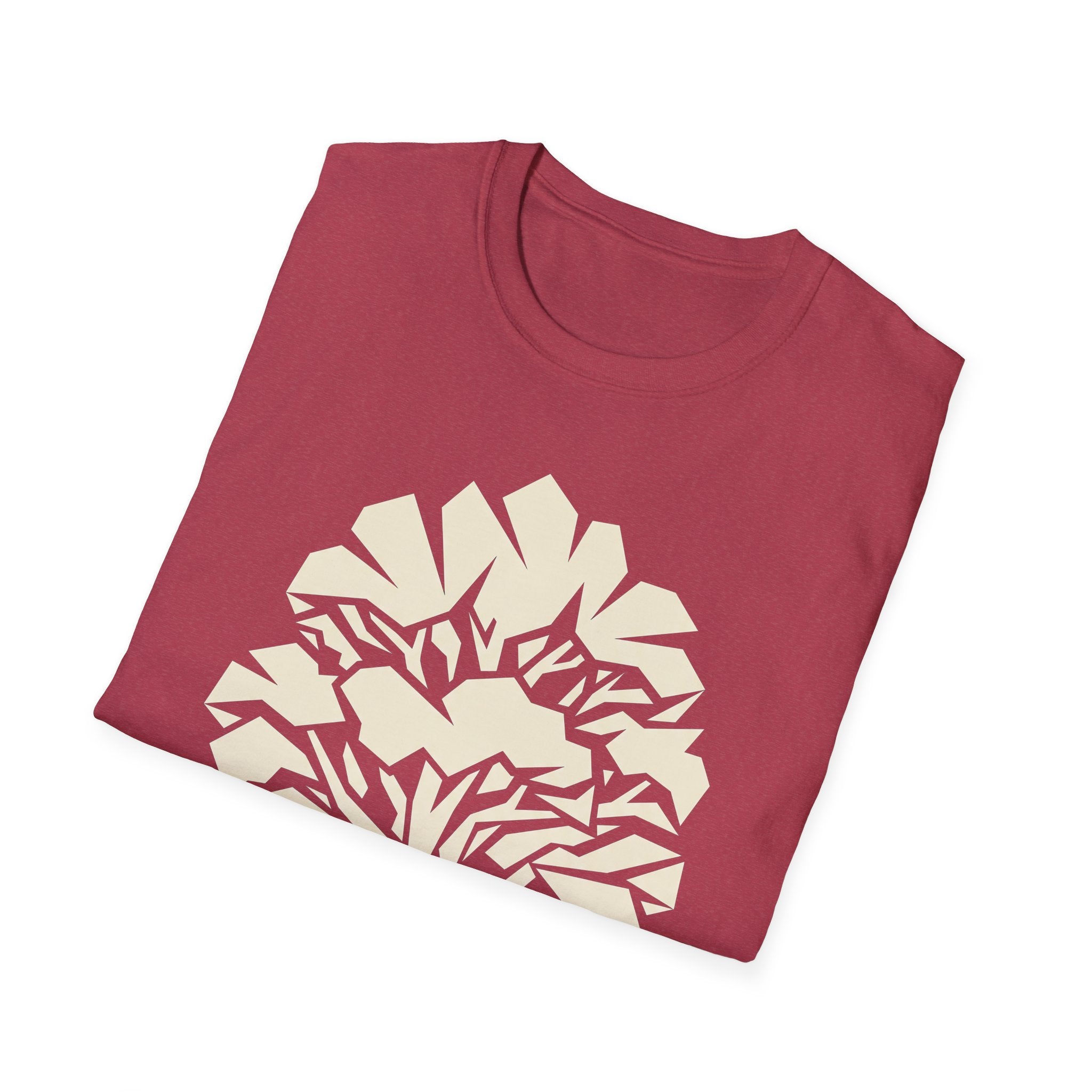 Heather red graphic tee with cream geometric tree silhouette and jagged foliage