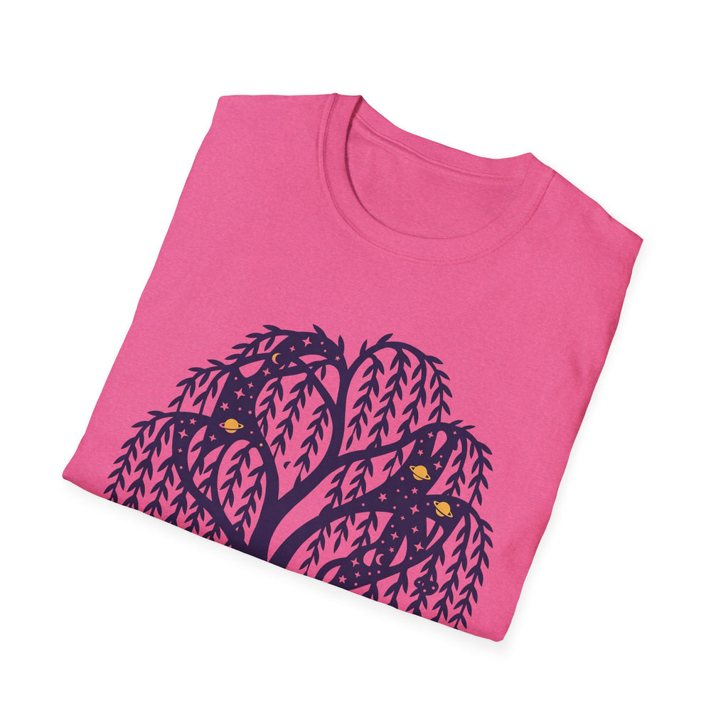 Pink T-shirt with mystical weeping willow owl graphic