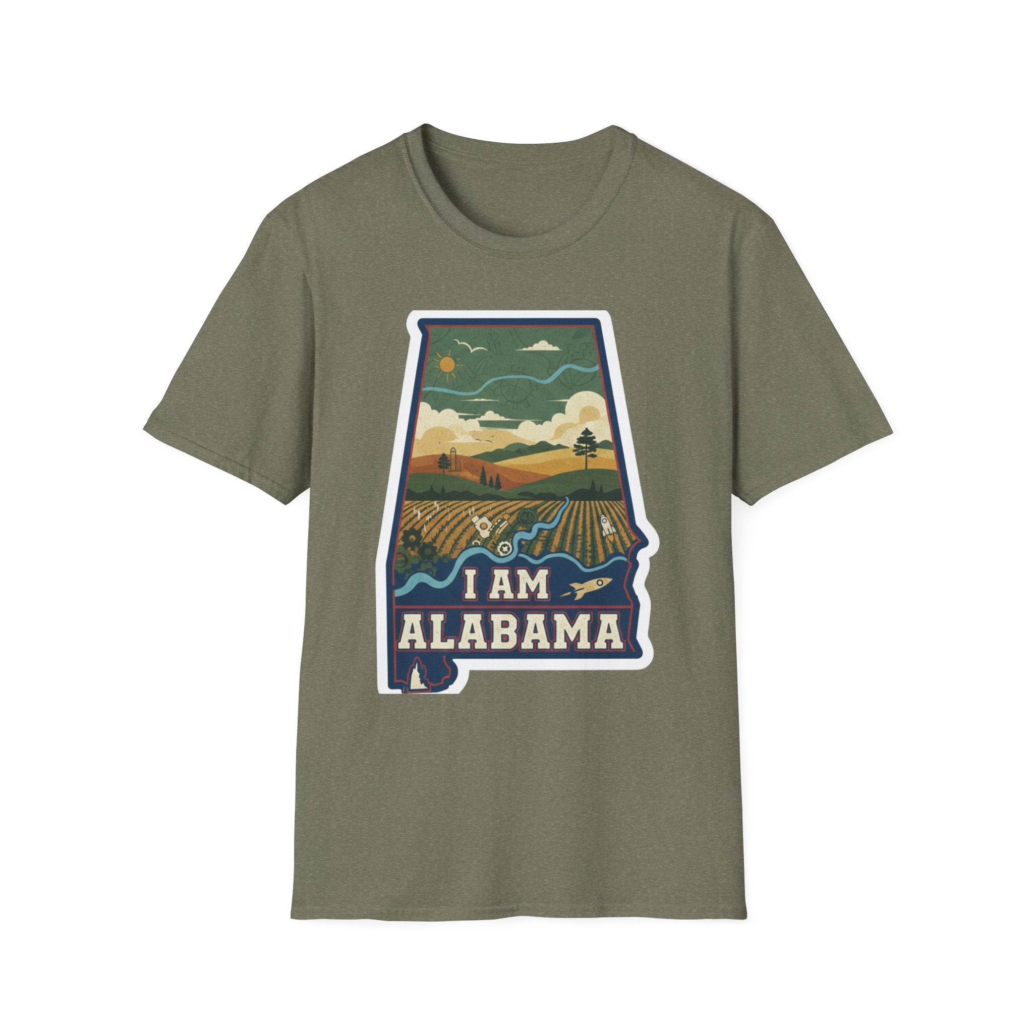 I Am Alabama T-shirt, olive/green crew tee with “I AM ALABAMA” state landscape graphic