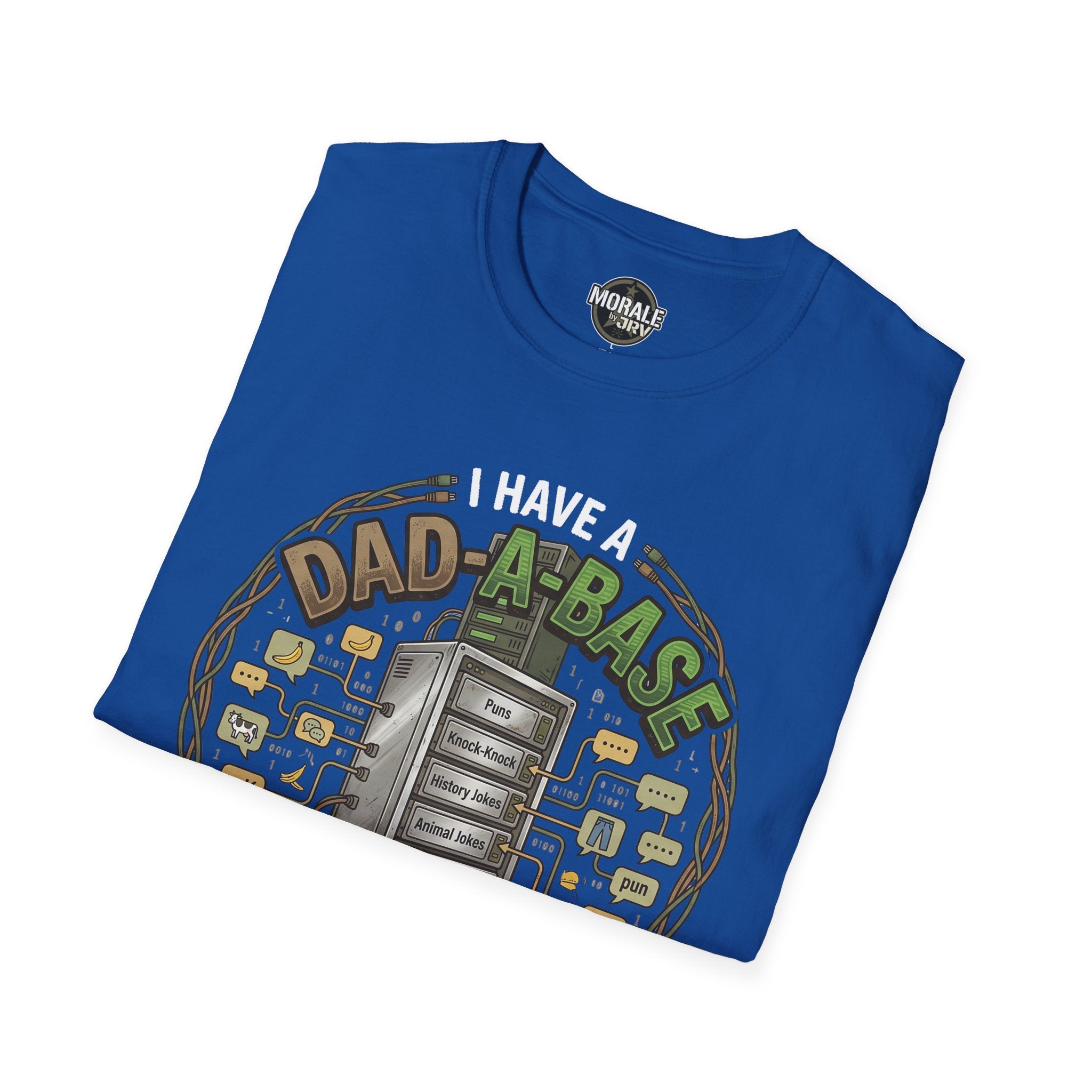 Königsblaues T‑Shirt mit „I HAVE A DAD‑A‑BASE“-Aufdruck und Retro-Computer-Illustration