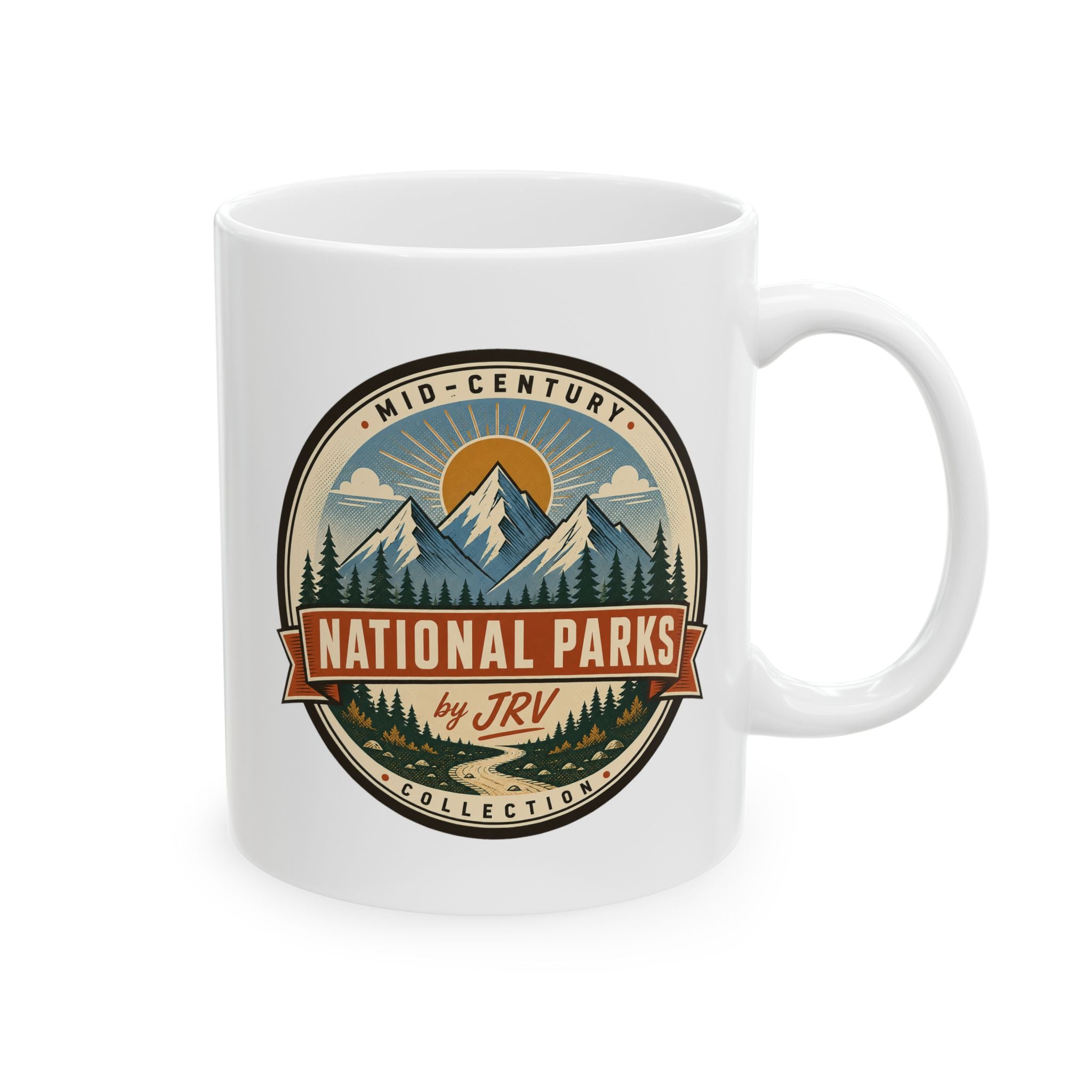 White ceramic mug with Mid-Century National Parks emblem graphic, front view