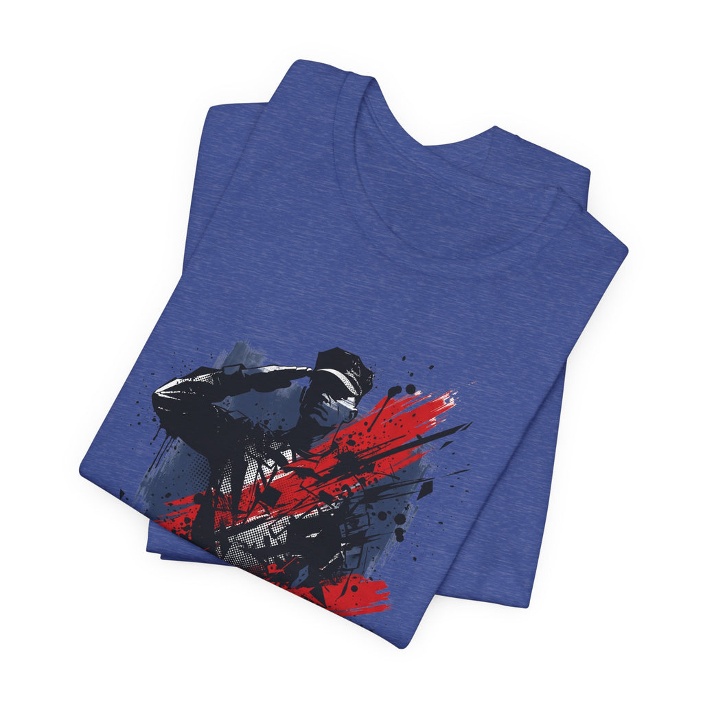 Blue crewneck T-shirt with honor soldier silhouette graphic in red and black splatter.