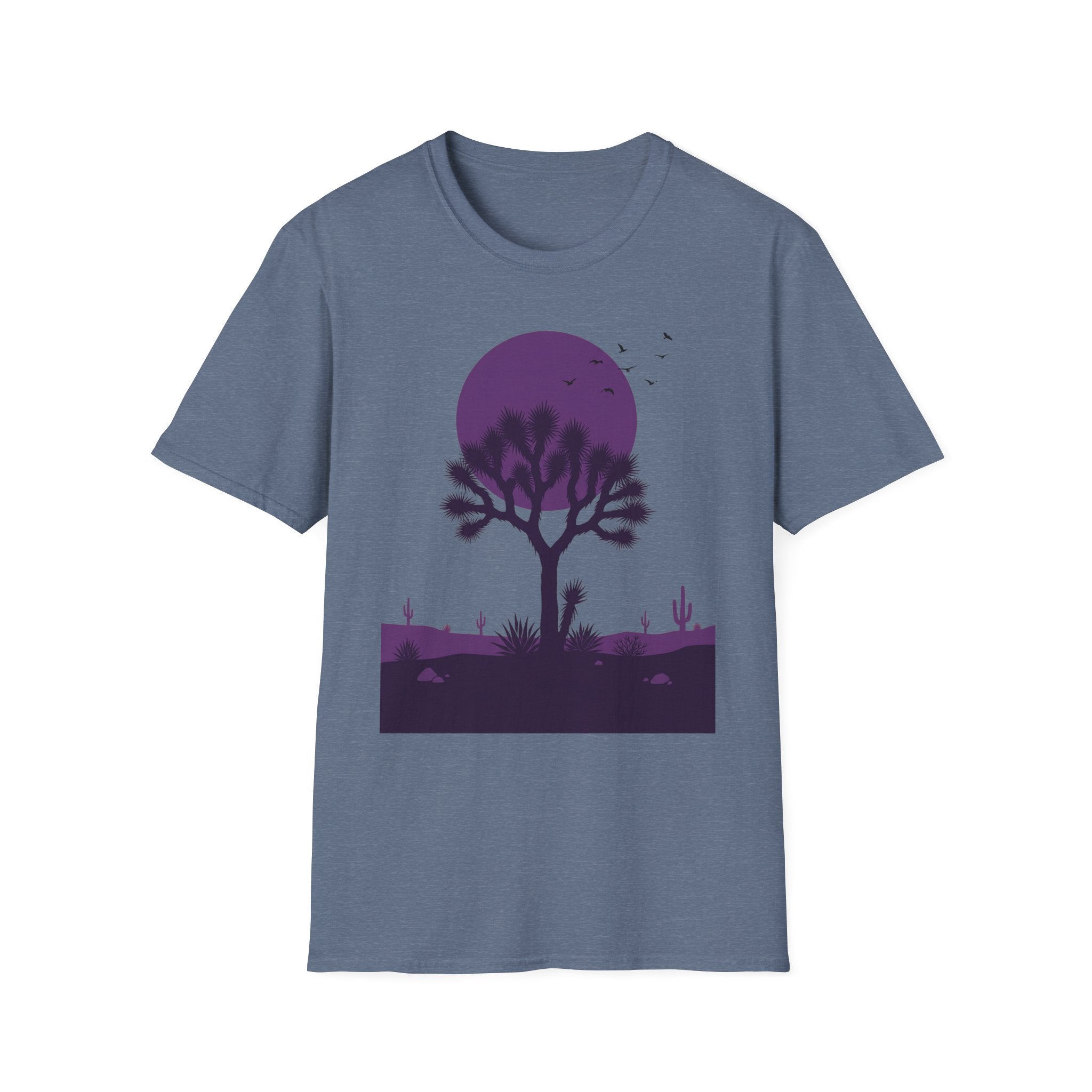 Dark heather T-shirt with purple moon and Joshua tree desert landscape graphic