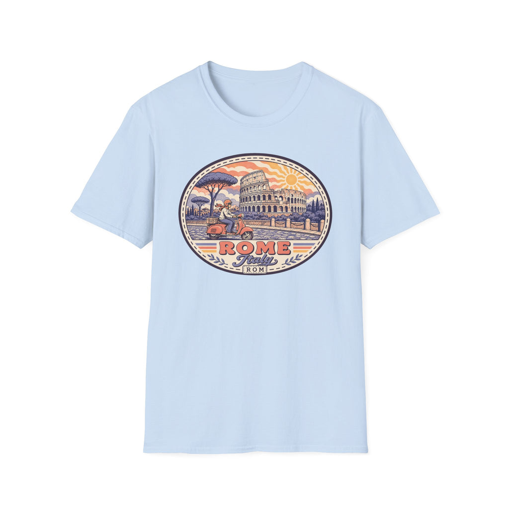 Light blue crewneck t-shirt with circular Rome scooter and Coliseum graphic