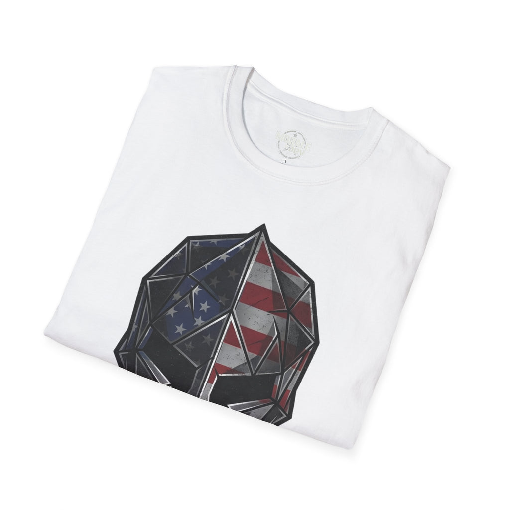 White T-shirt with partial geometric patriotic eagle skull chest graphic in red and blue