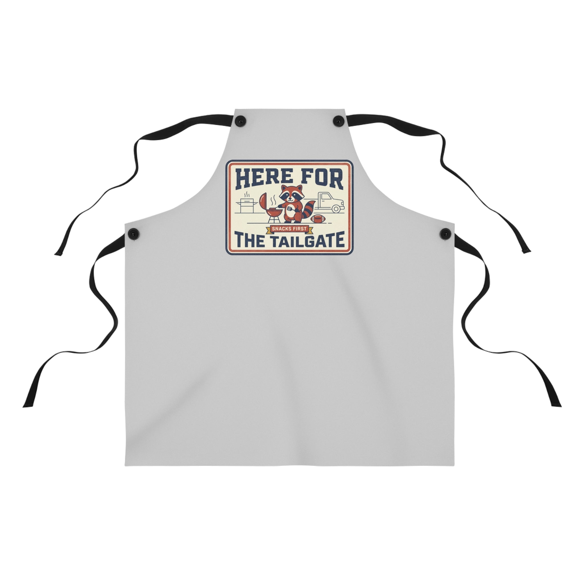 Light gray BBQ apron with black straps and 'HERE FOR THE TAILGATE' graphic