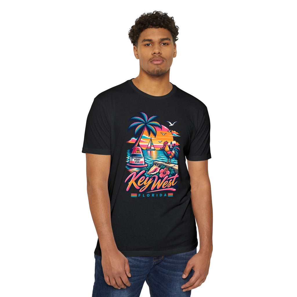 Black crew-neck T-shirt with tropical Key West Florida front graphic