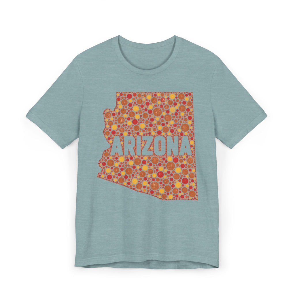Teal T-shirt with orange patterned Arizona graphic front