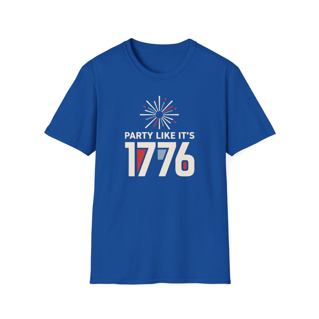 Royal blue crewneck T-shirt with firework burst and “PARTY LIKE IT’S 1776” graphic