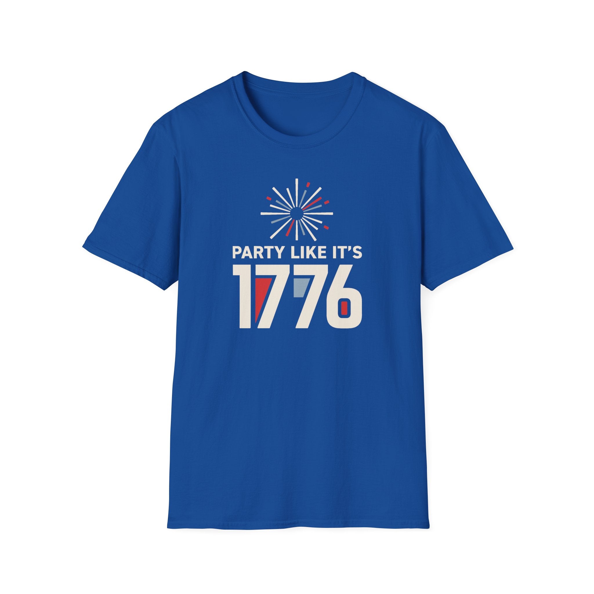 Royal blue crewneck T-shirt with firework burst and “PARTY LIKE IT’S 1776” graphic