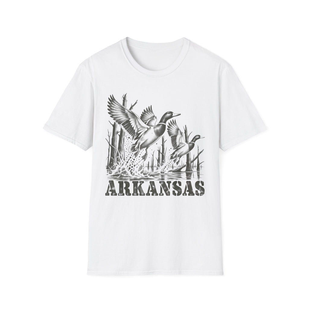 White crewneck T-shirt with Arkansas duck graphic print on front