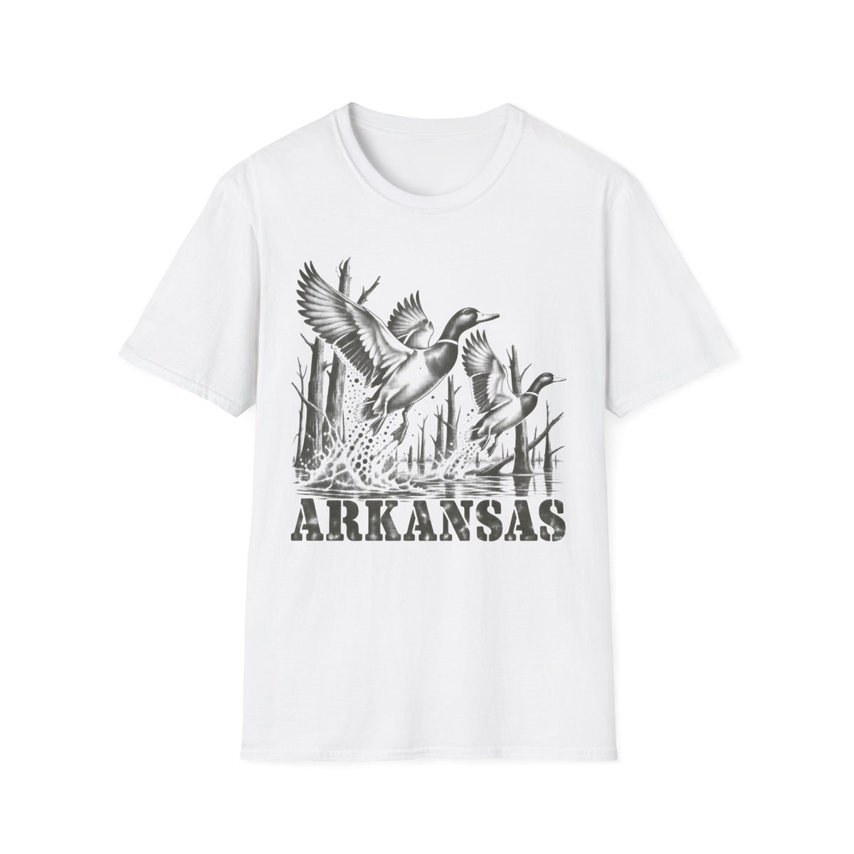 White crewneck T-shirt with Arkansas duck graphic print on front