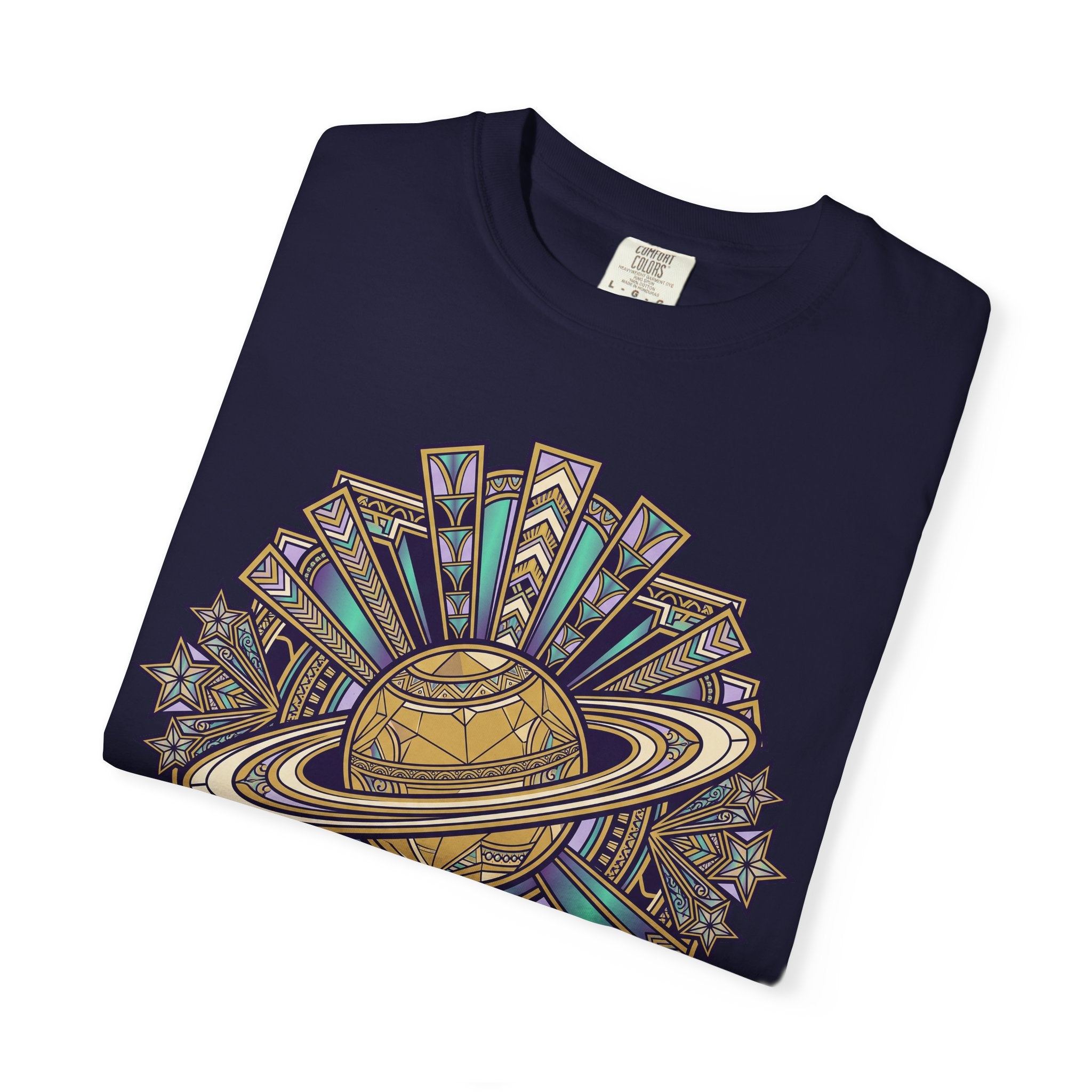 Navy t-shirt with large celestial planet and rings graphic on the front