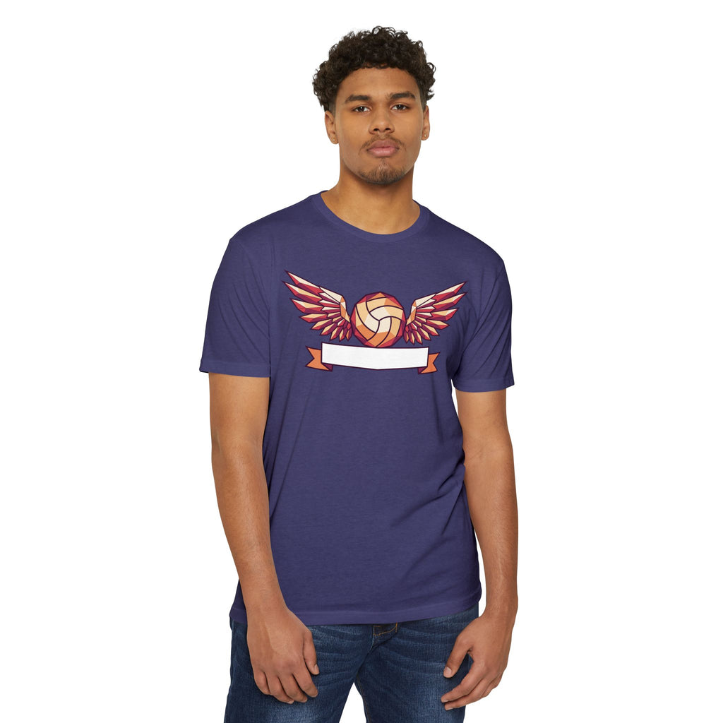 Purple volleyball T-shirt with red winged volleyball graphic and ribbon banner.