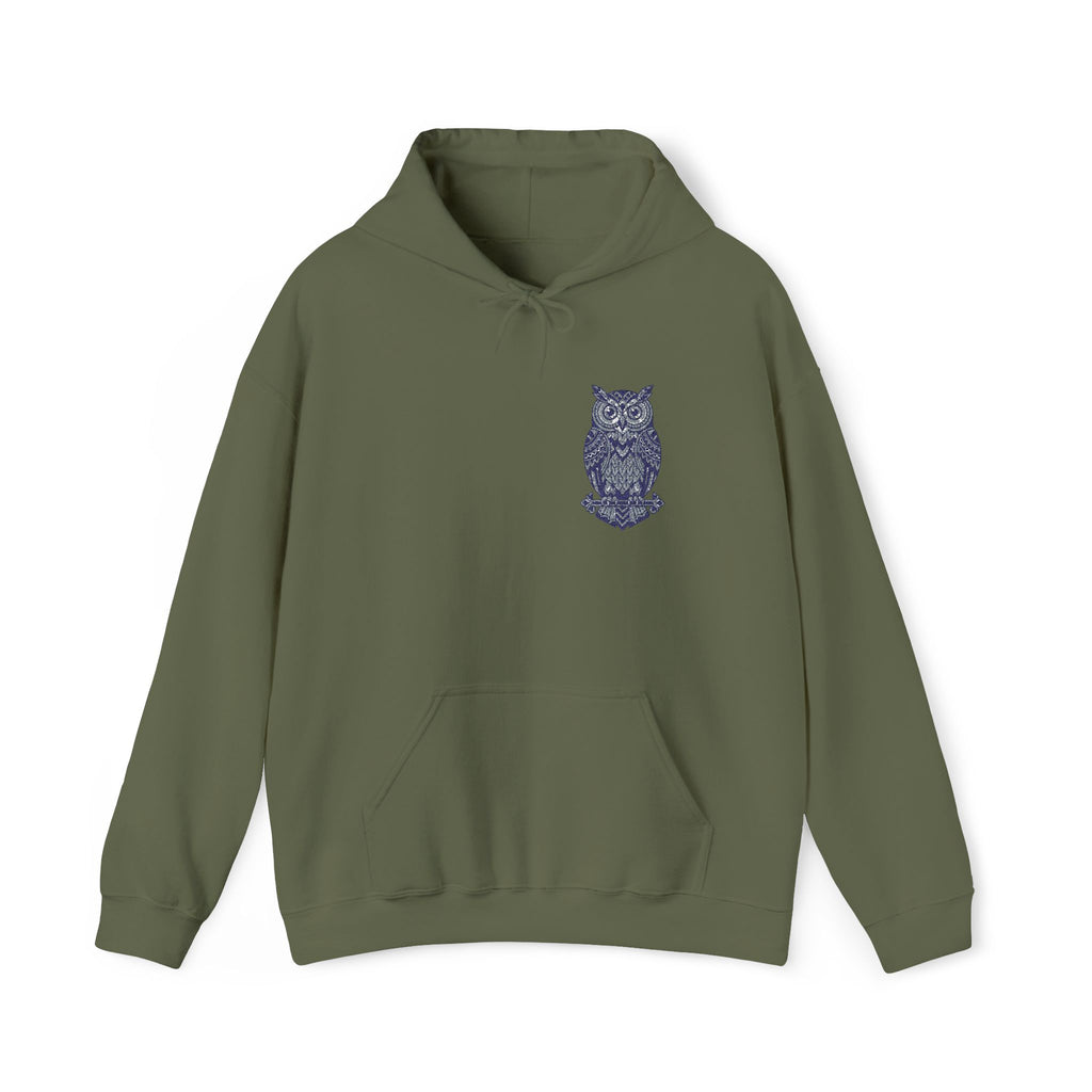 Olive green unisex hoodie with blue owl chest print and front pouch pocket